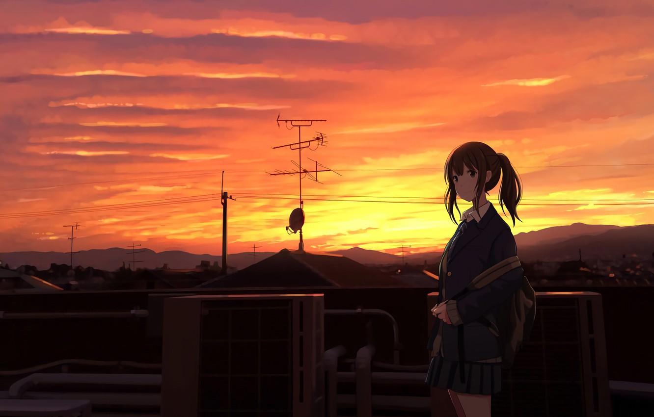 Photo Wallpaper The Sky, Sunset, Girl Character On Rooftop
