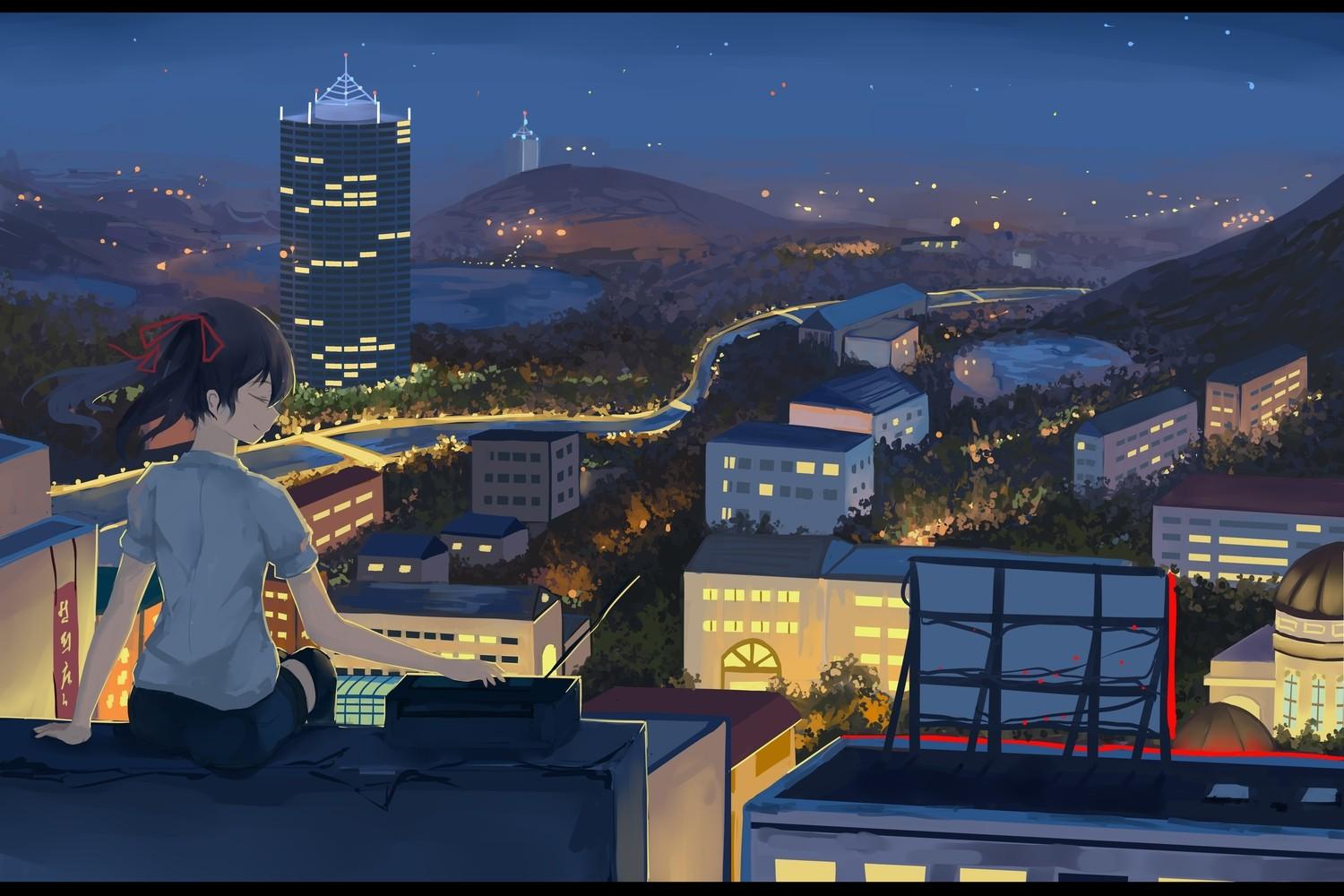 Night, Building, Rooftops, Anime Girls, City, Lights