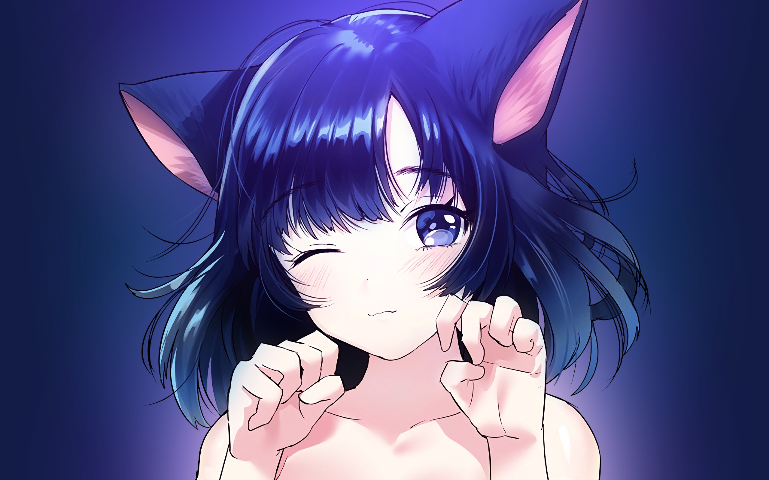 Download 2560x1600 Anime Girl, Cat Ears, Neko, Wink, Blue Hair