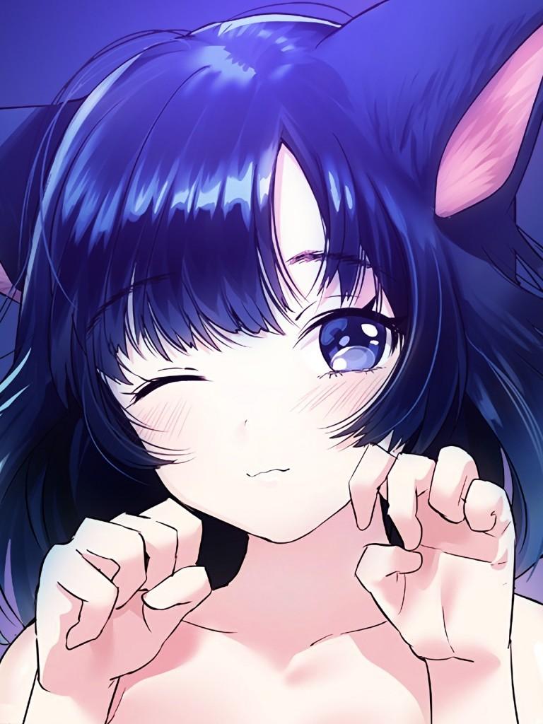 Download 768x1024 Anime Girl, Cat Ears, Neko, Wink, Blue