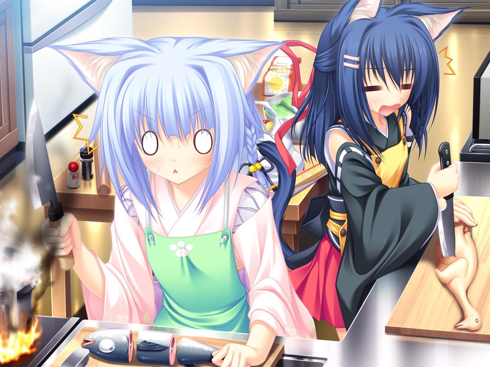 animal animal ears apron bell blue hair bow catgirl fire