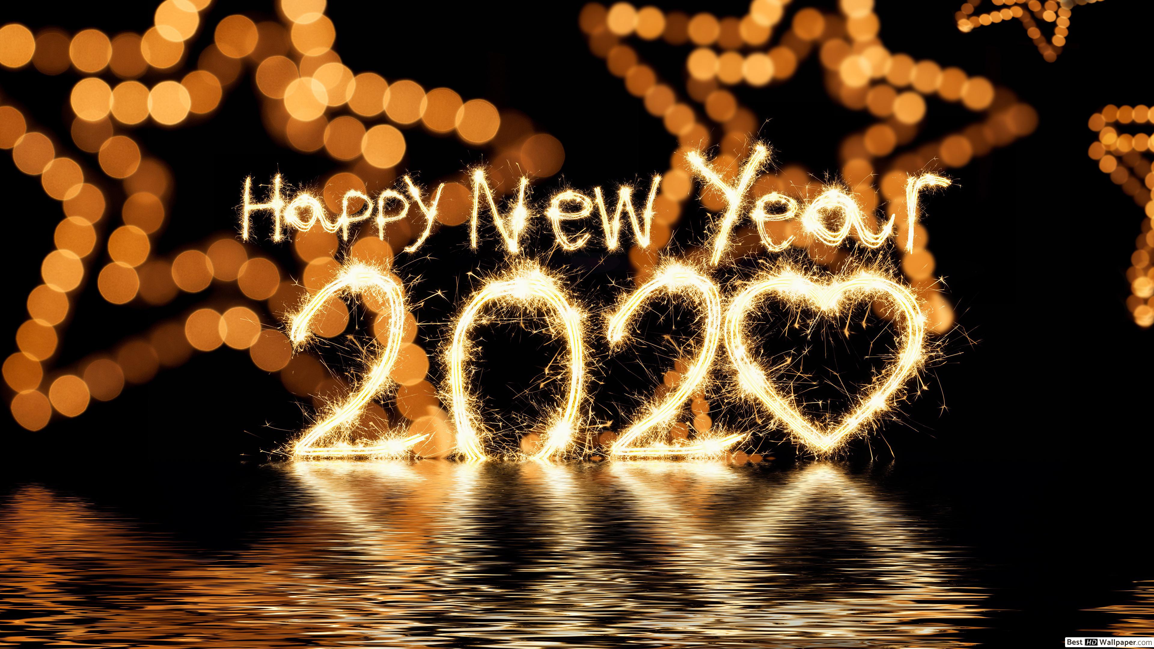 Glowing 2020 Happy new year water reflection HD wallpaper