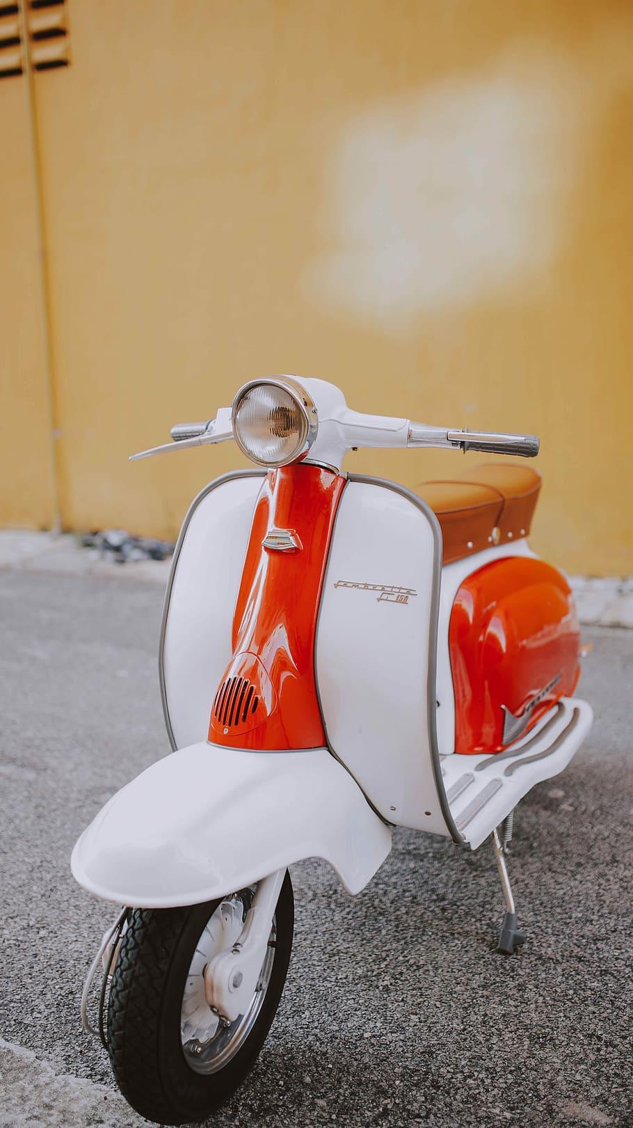 HD wallpaper: white and orange motor scooter on gray