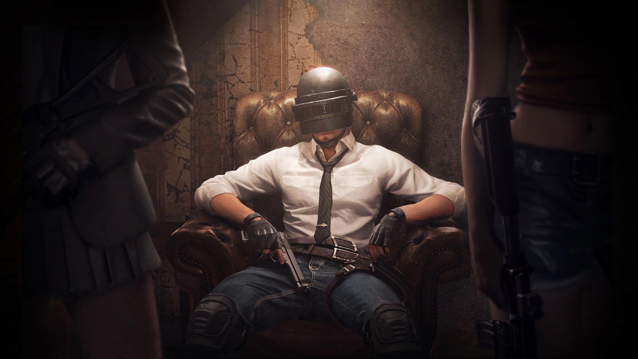 Download 2048x1152 wallpaper pubg, helmet guy, a king