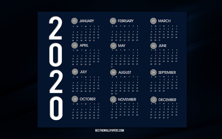 Download wallpaper Dark Blue 2020 Calendar, all months. 2020 Wallpaper