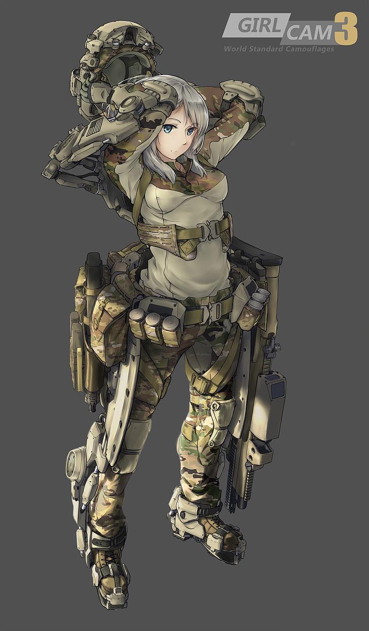 HD wallpaper: anime, weapon, Exoskeleton, army girl