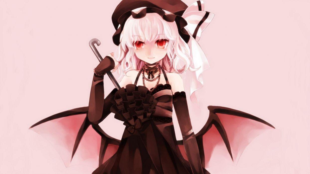 Video games Touhou wings dress vampires red eyes short hair bows necklaces bracelets umbrellas white hair choker hats Remilia Scarlet simple background anime girls brown dress detached sleeves pink background wallpaper
