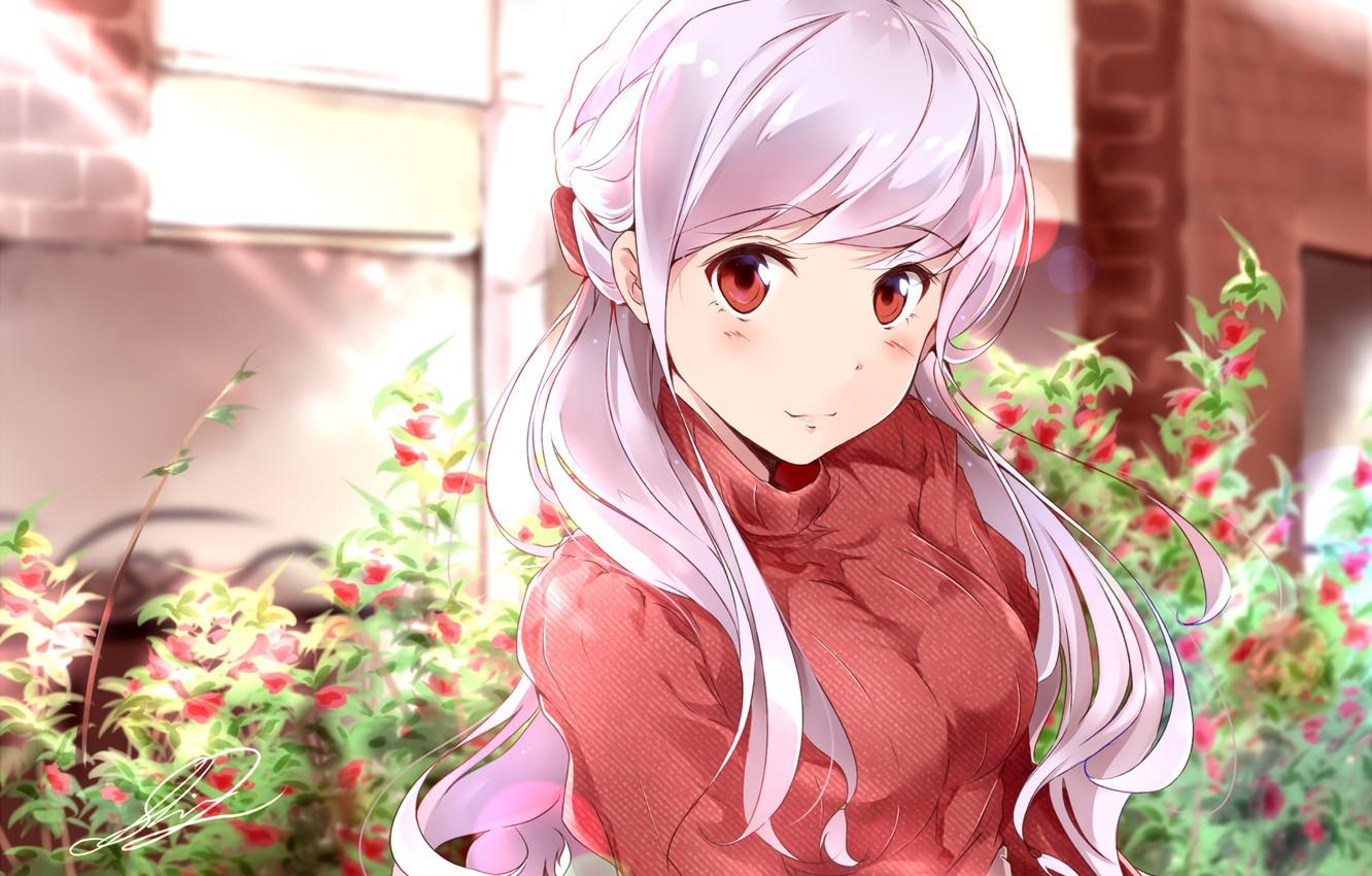 Wallpaper girl, red eyes, white hair, anime, art, blush image