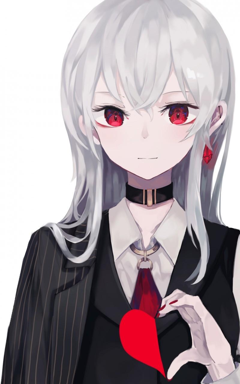 Download 800x1280 Anime Girl, Suit, Red Eyes, Heart, White