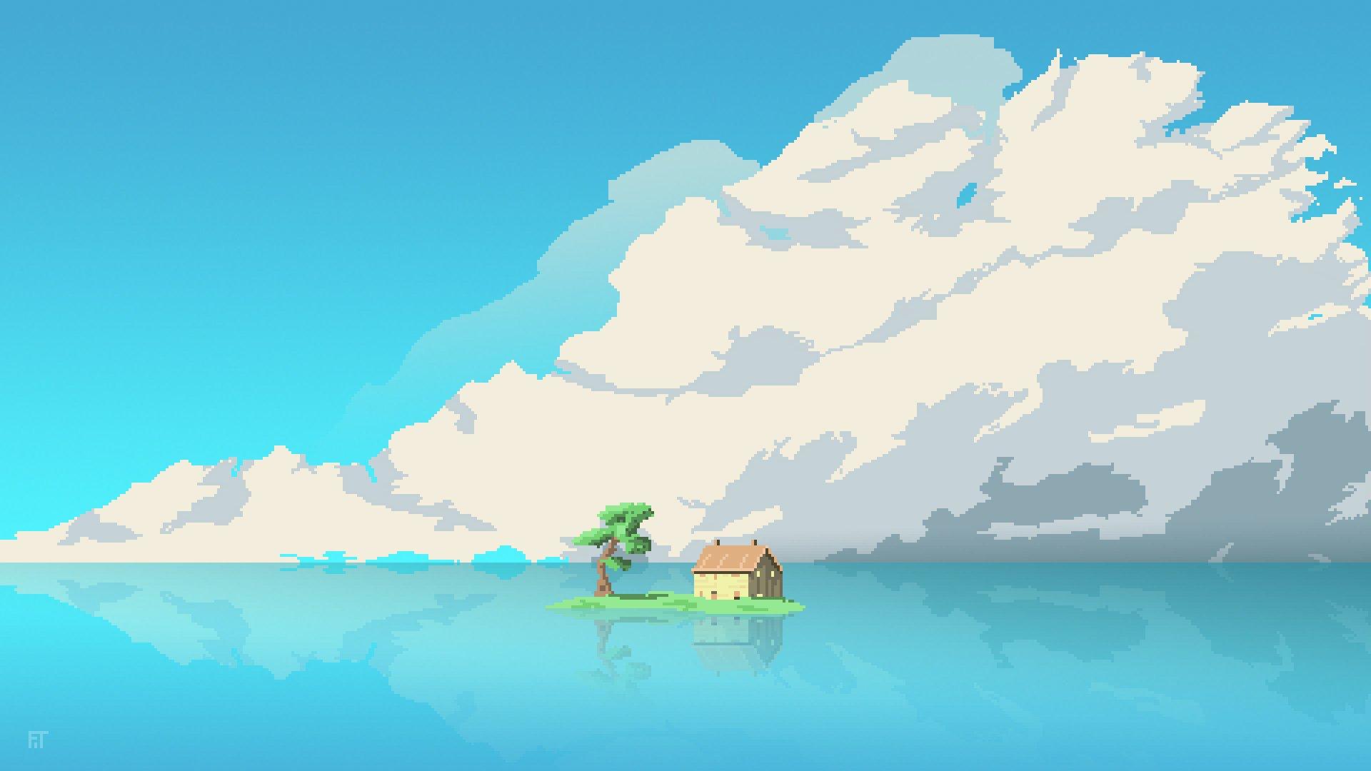 Pixel art house on a small island HD Wallpaper. Background
