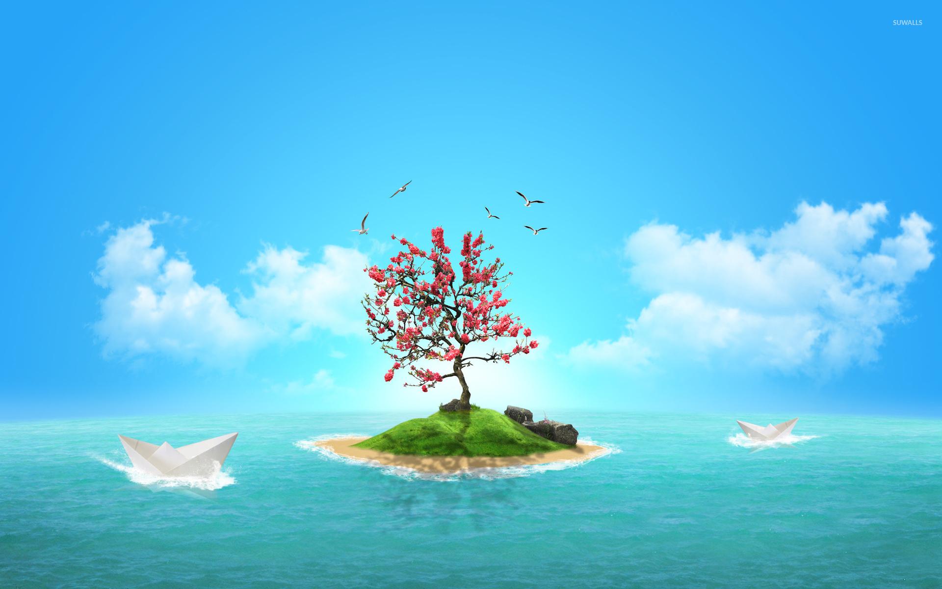 Paper boats by the small island wallpaper Art
