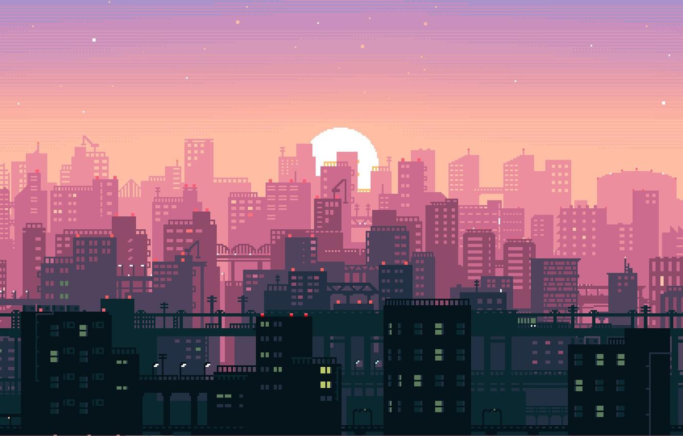 Wallpaper Sunset, The sun, Music, The city, Pixels, Synthpop