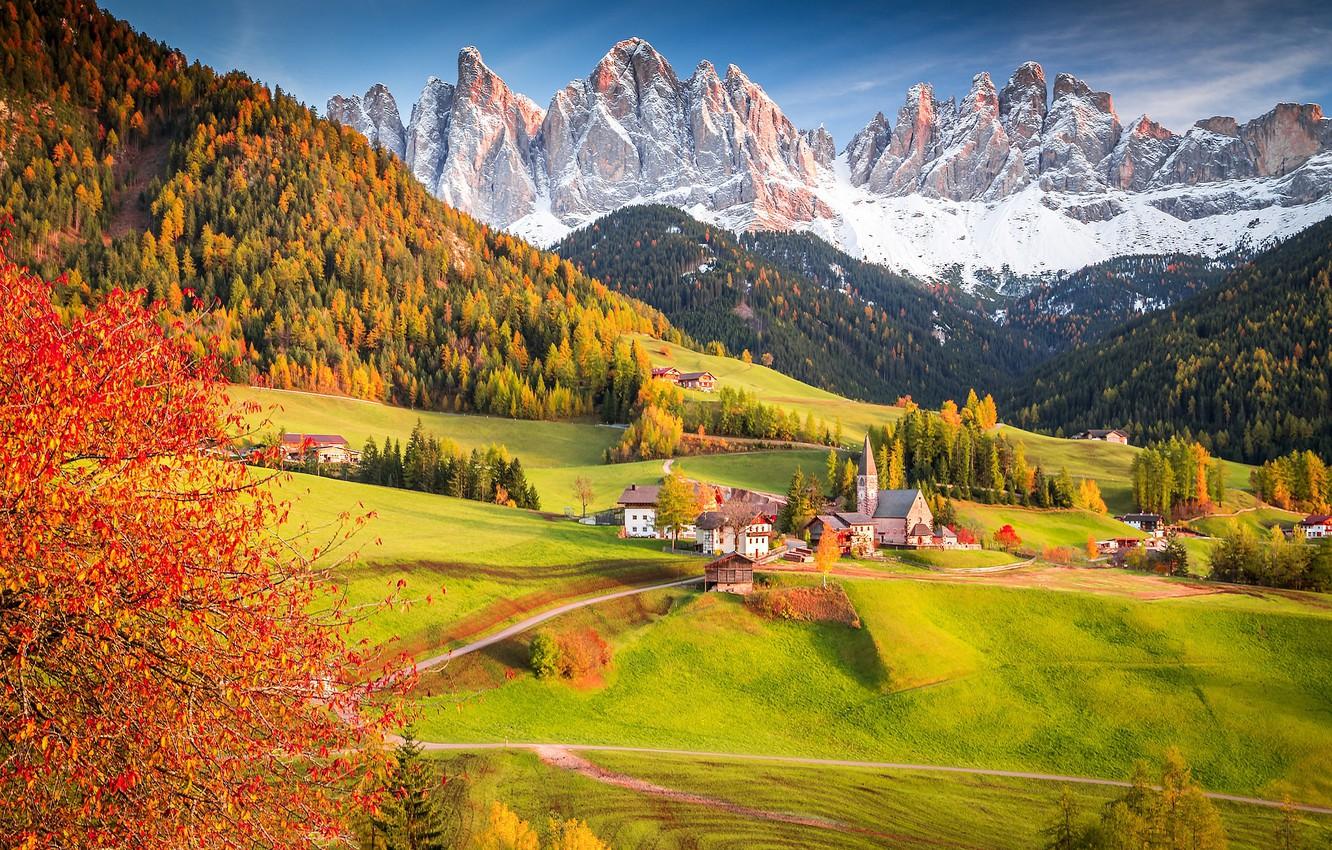 Wallpaper autumn, forest, tree, Alps, Italy, Church, village, the village image for desktop, section пейзажи