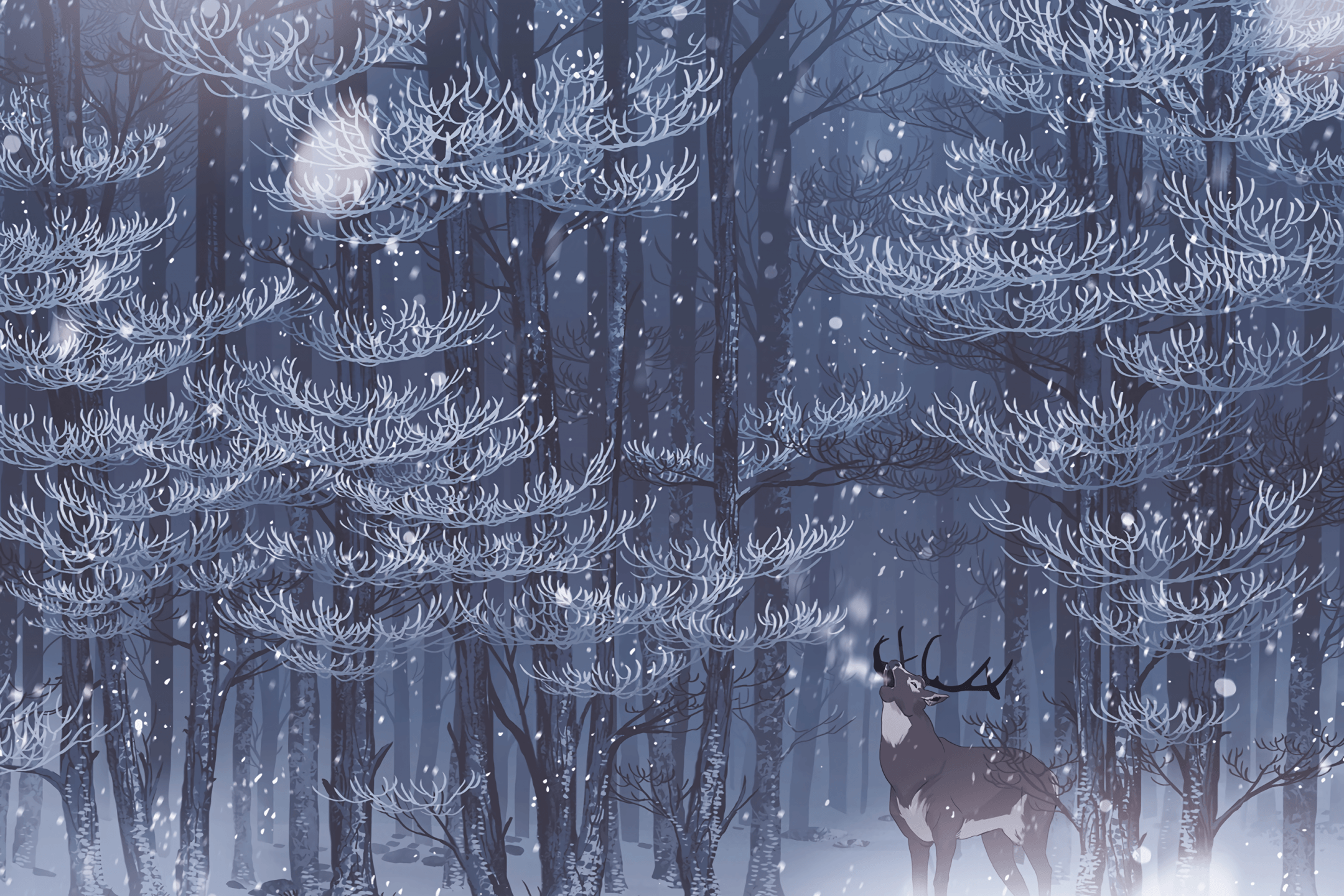 Download 2160x1440 Deer, Winter, Snow, Landscape, Trees