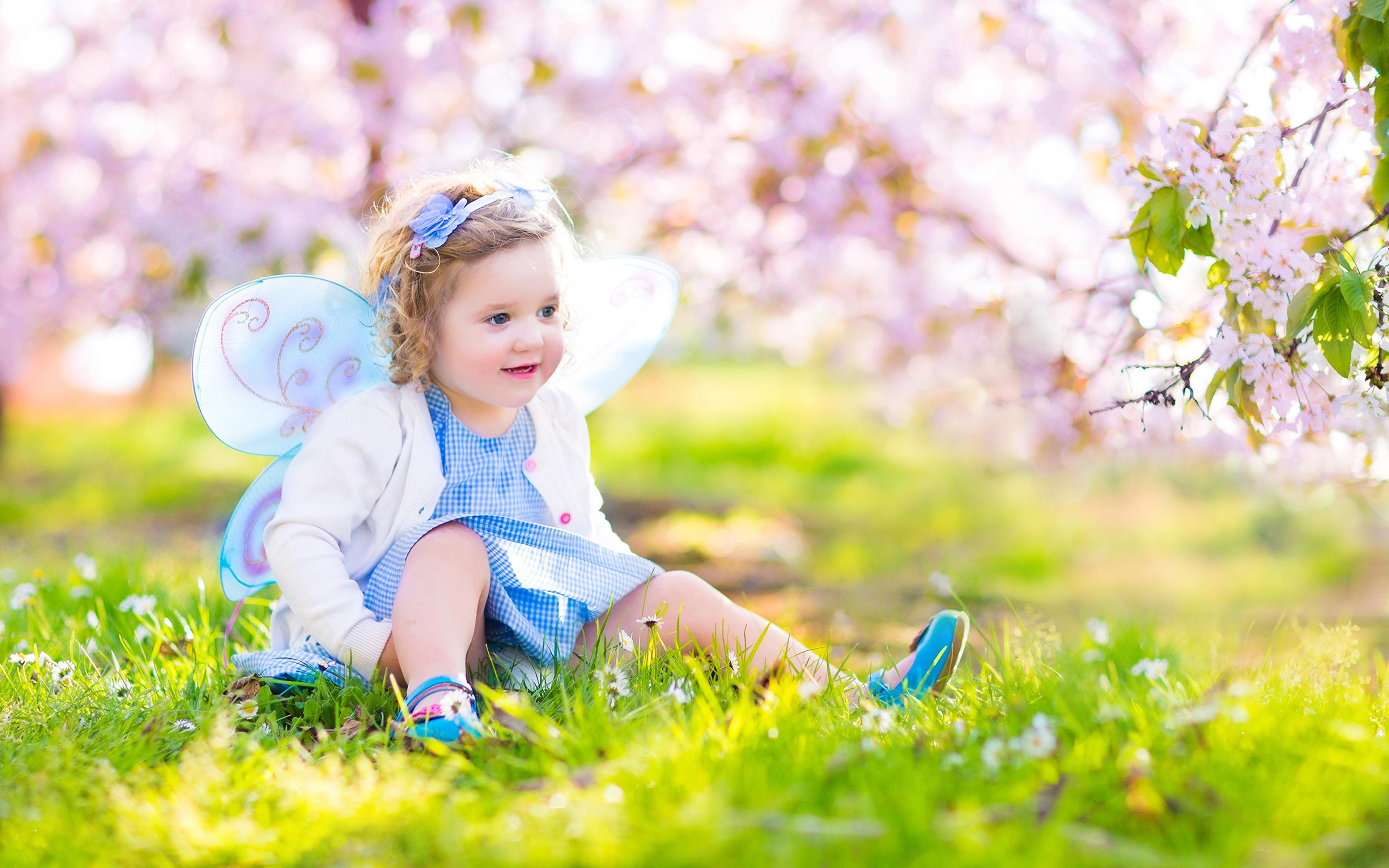 Photo Little girls Fairy Butterflies child Spring sit 3840x2400
