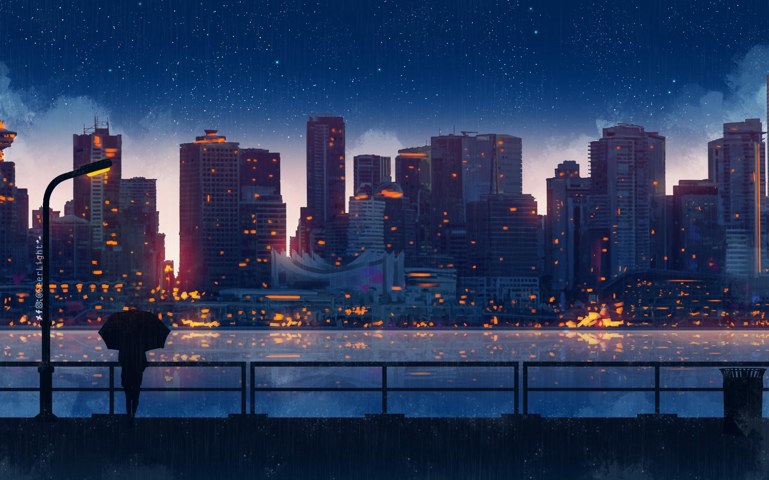 Download 2560x1600 Anime Cityscape, Raining, Light, Silhouette, Stars, Scenic Wallpaper for MacBook Pro 13 inch