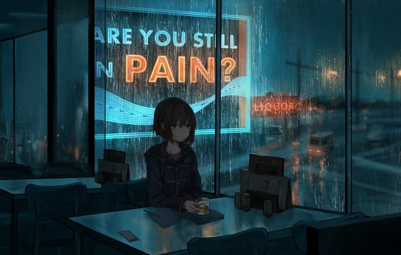 Wallpaper night, rain, mood, anime, art, cafe image for desktop
