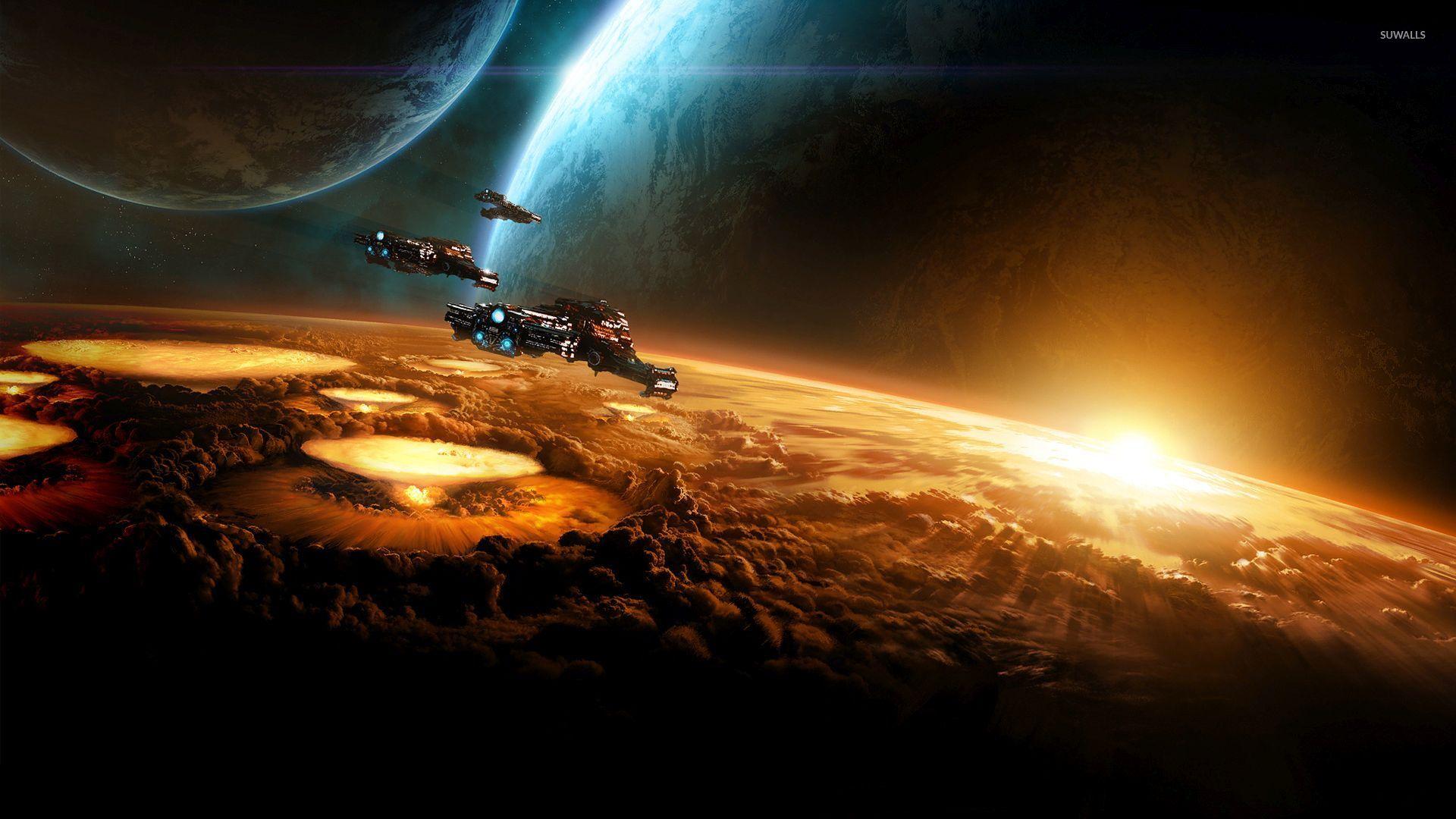 Spaceships heading to the light wallpaper