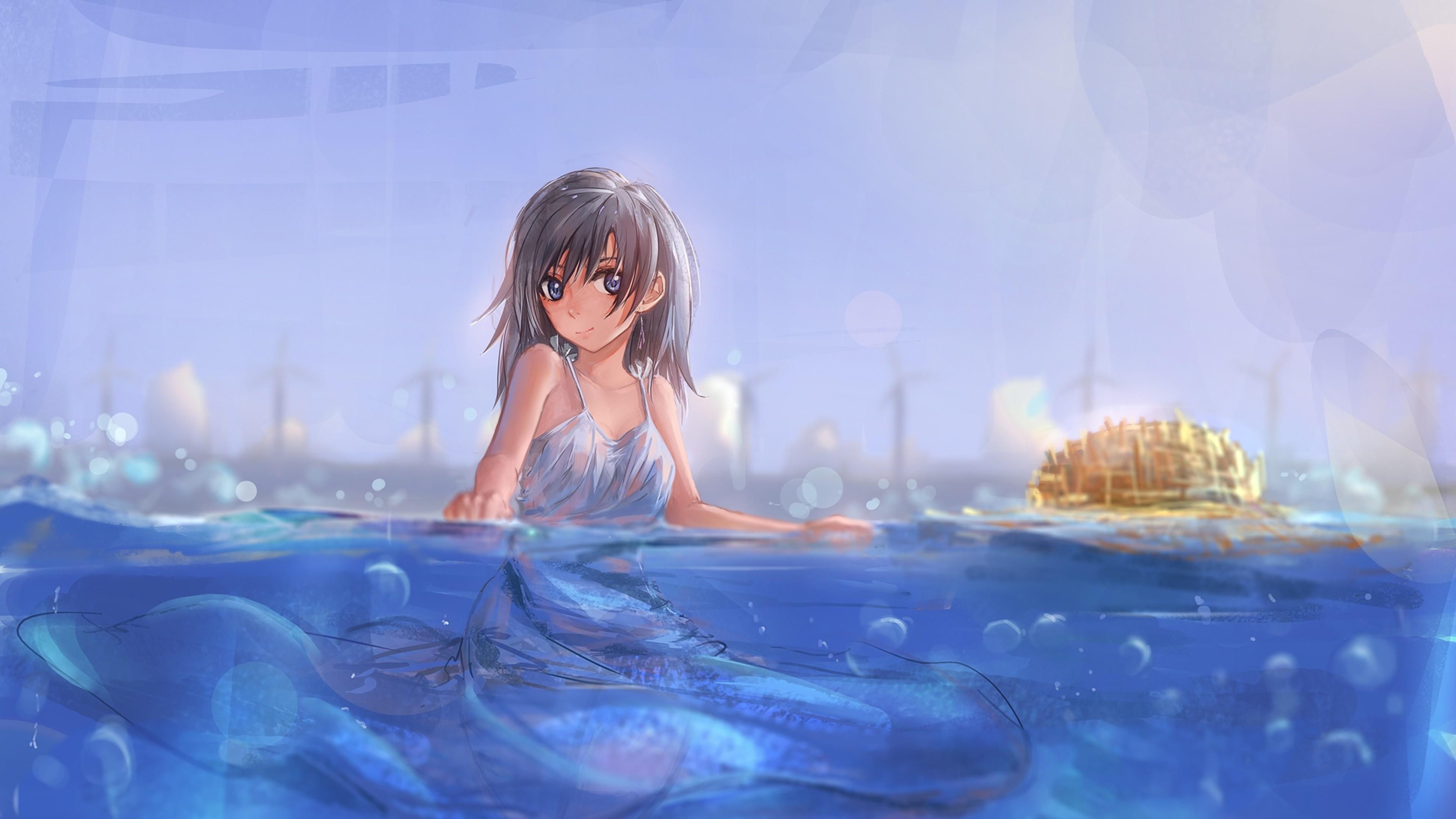 Download 3840x2160 Anime Girl, Swimming, White Dress, Short