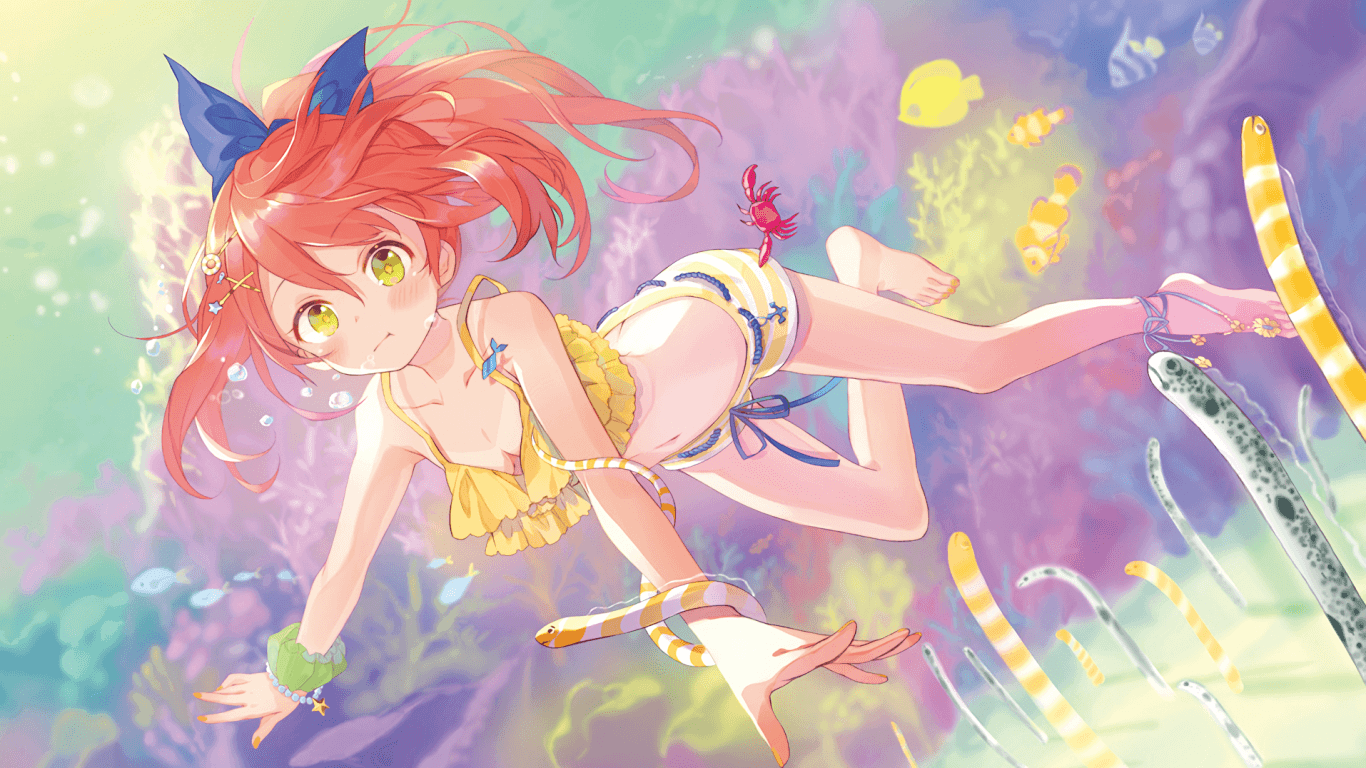 Download 1366x768 Anime Girl, Underwater, Swimming, Fishes