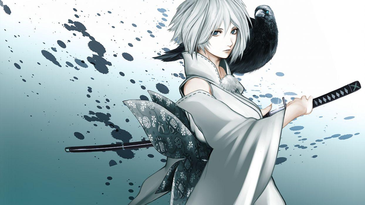 Katana anime crows anime girls swords silver hair upscaled