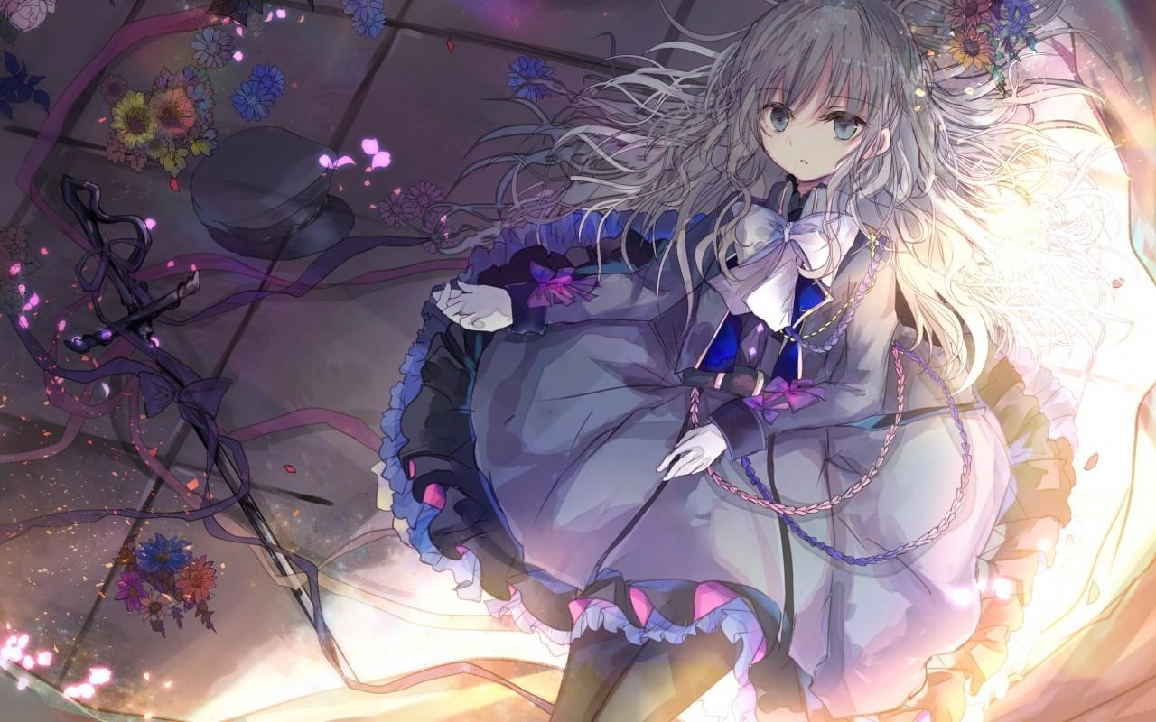 Download 1280x800 Anime Girl, Silver Hair, Dress, Flowers