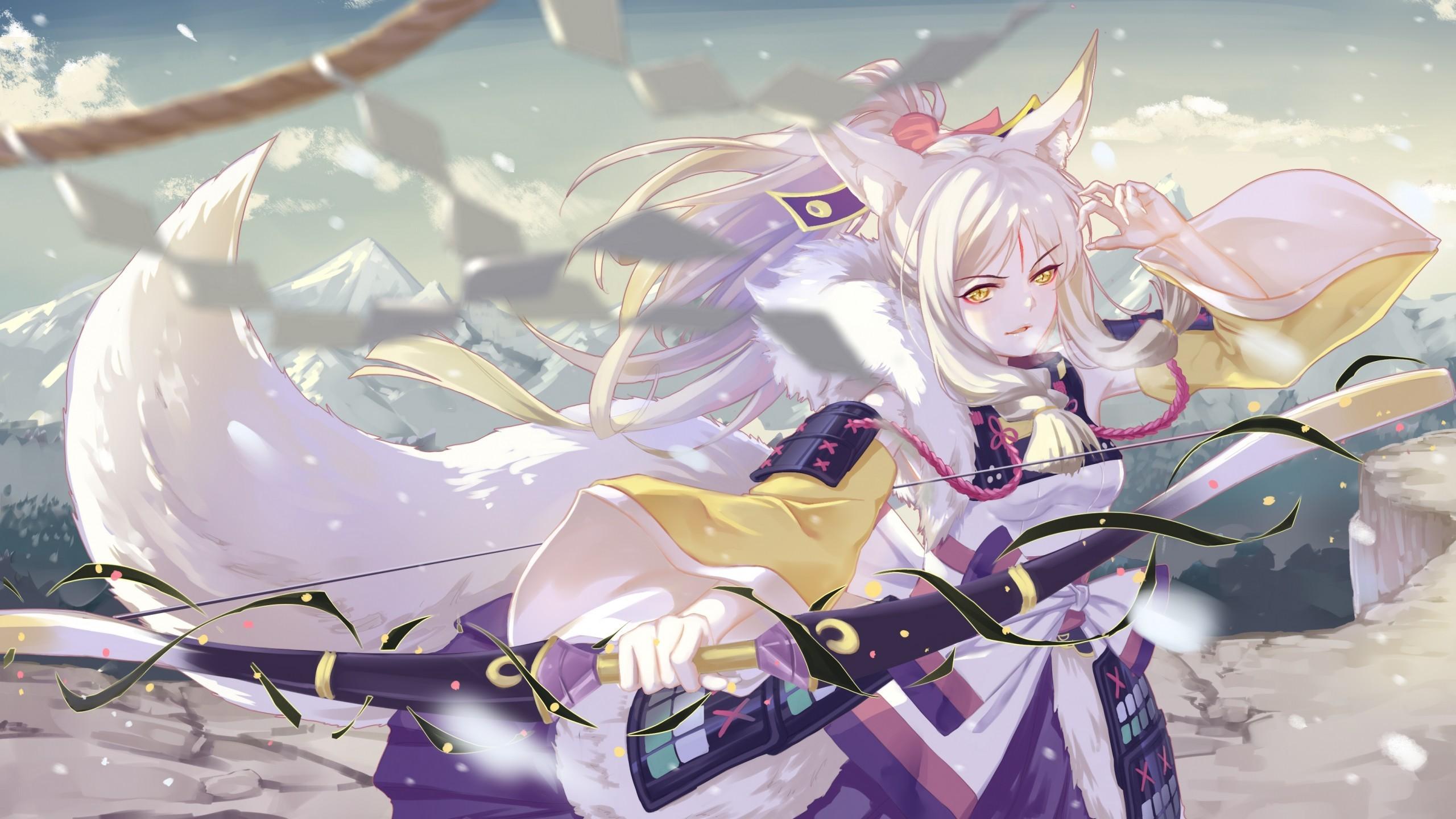 Download 2560x1440 Fox Girl, Onmyouji, Bow, Animal Ears