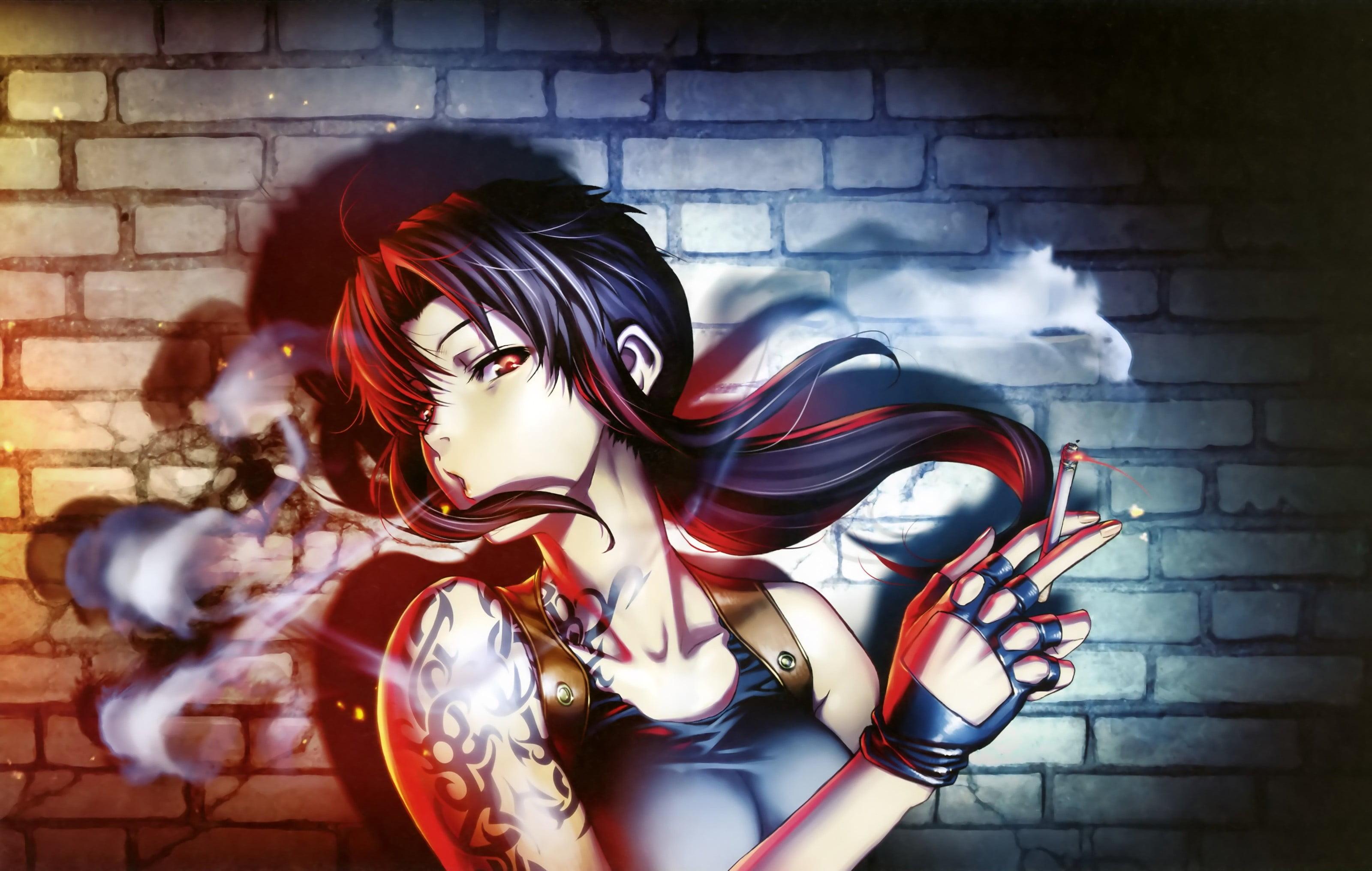 Female anime character smoking cigarette illustration HD