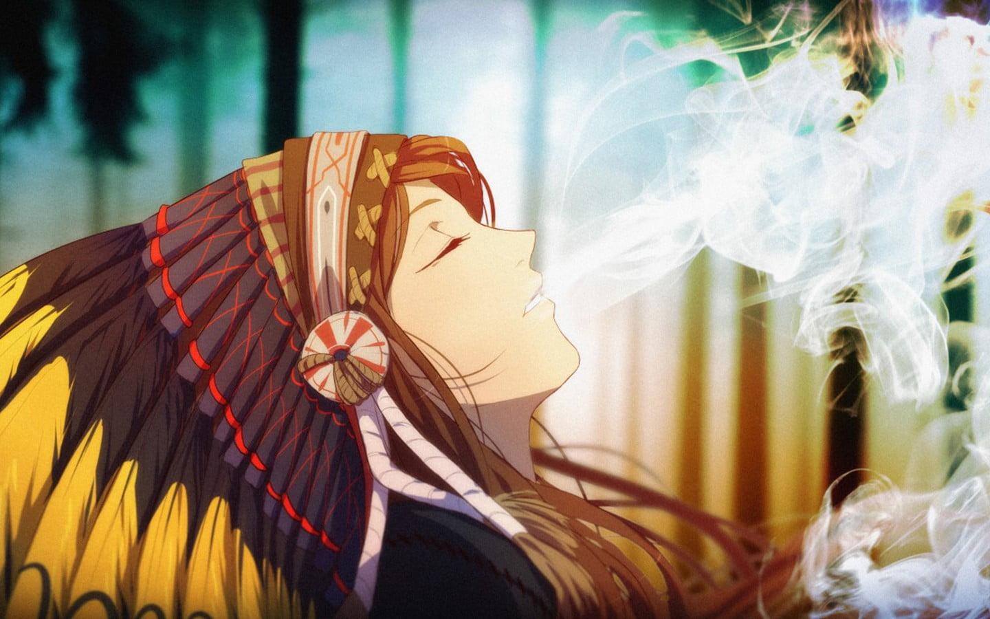 Native American anime graphic wallpaper, smoking, smoke