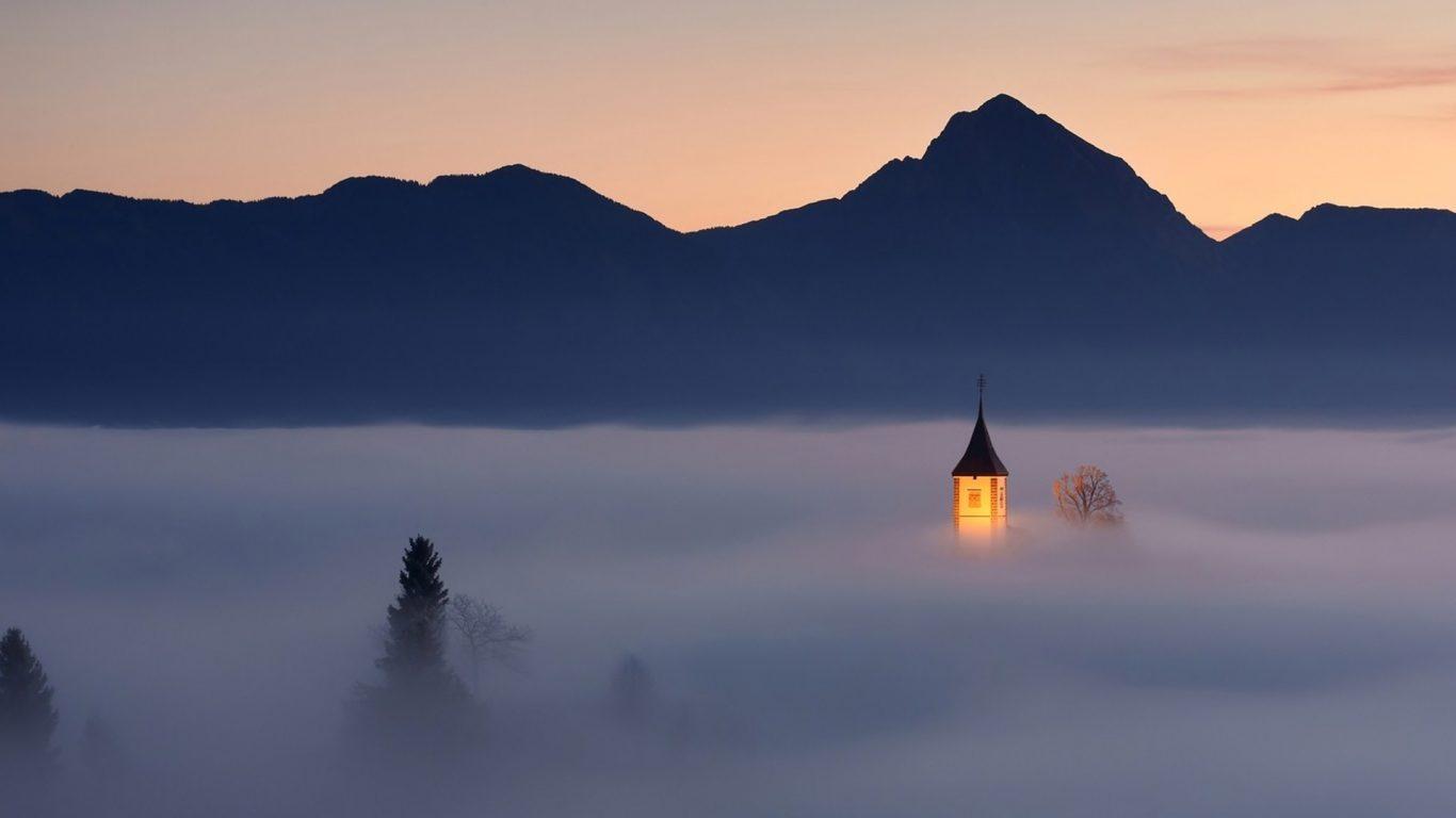 Church Tower Peeking Morning Fog Light Mountains Silhouette