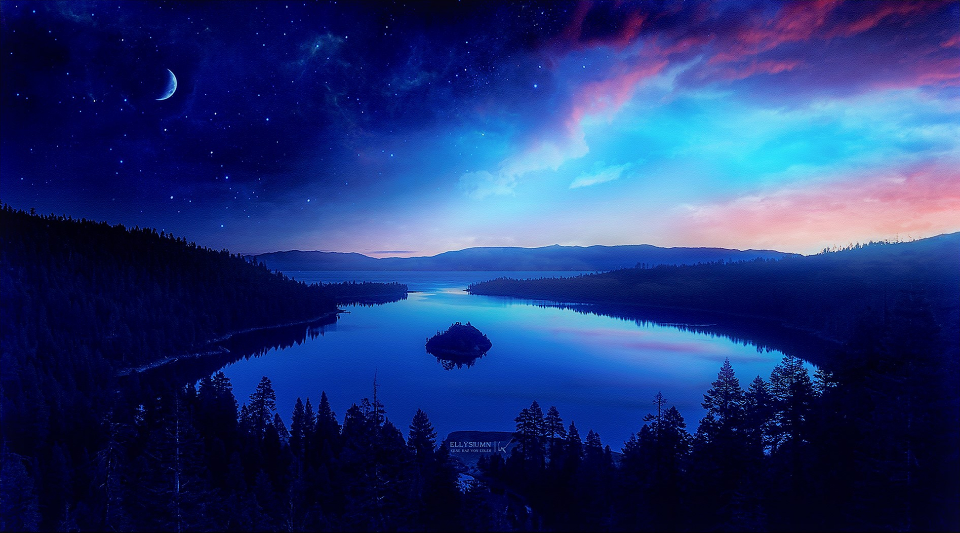 Blue, Lake, Starry Sky, Purple, Tree, Winter, Artistic