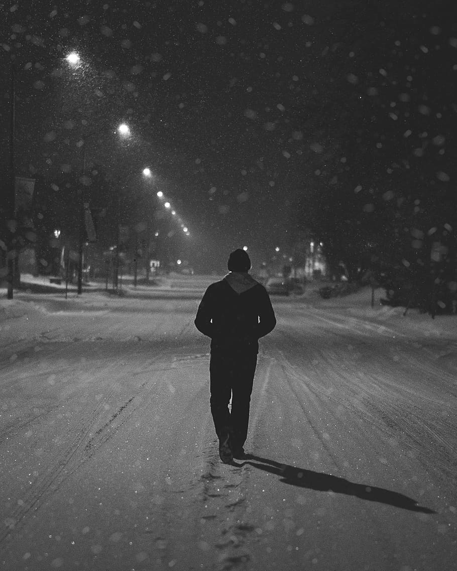 HD wallpaper: snow, street, bandw, cold, night, alone, man