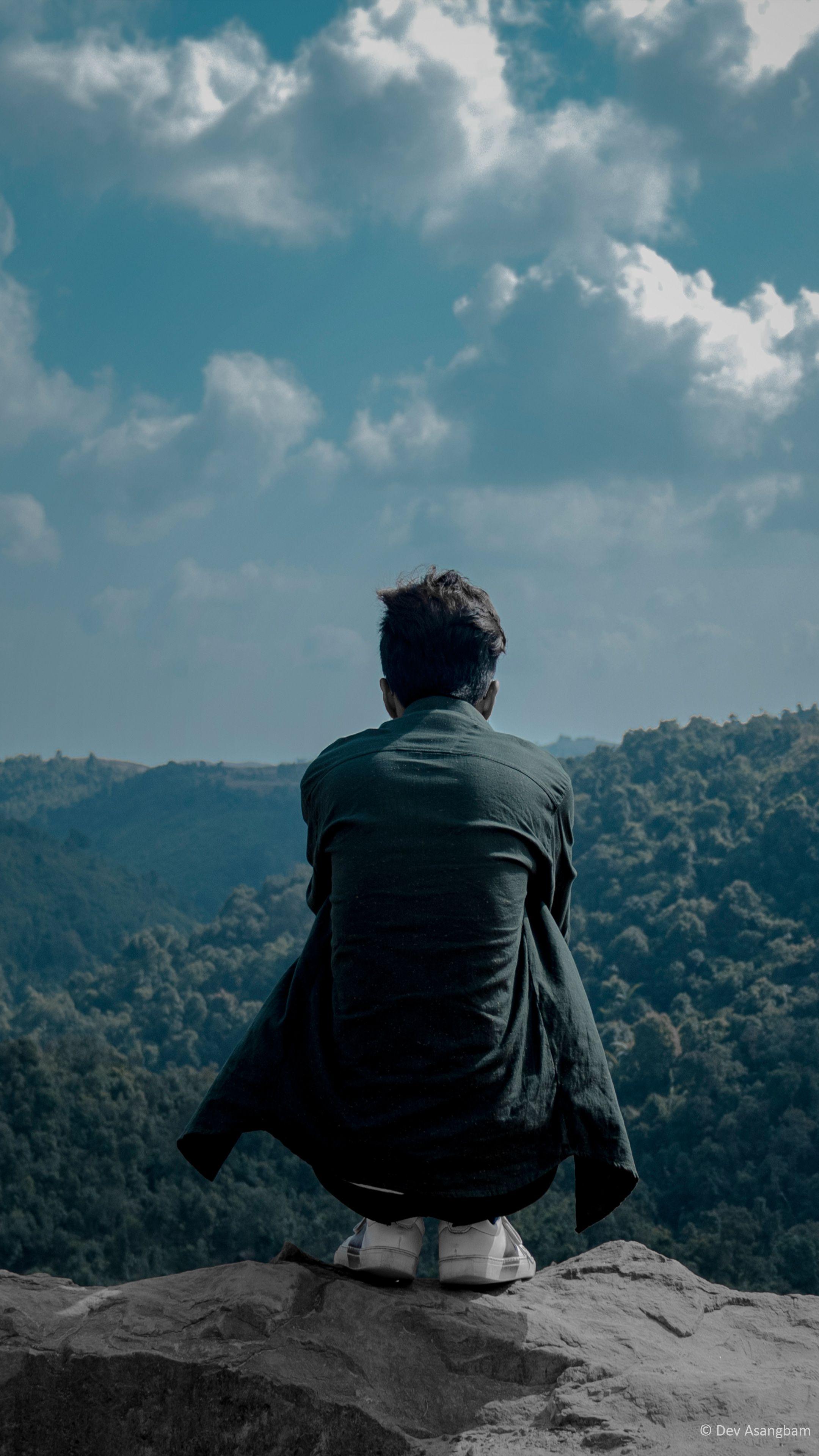 Man Lonely Meghalaya Hills. Black background image