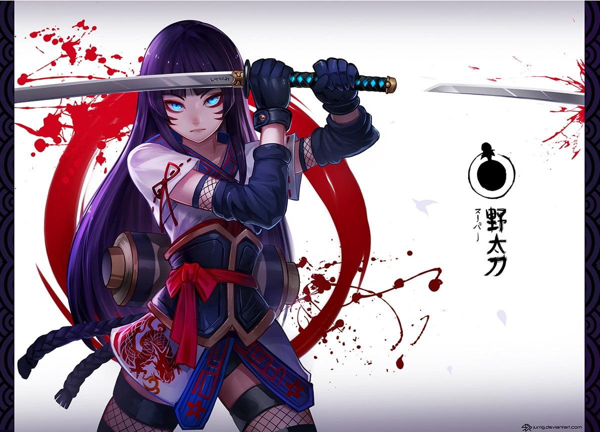 Purple haired female anime character digital wallpaper, sword, Sky