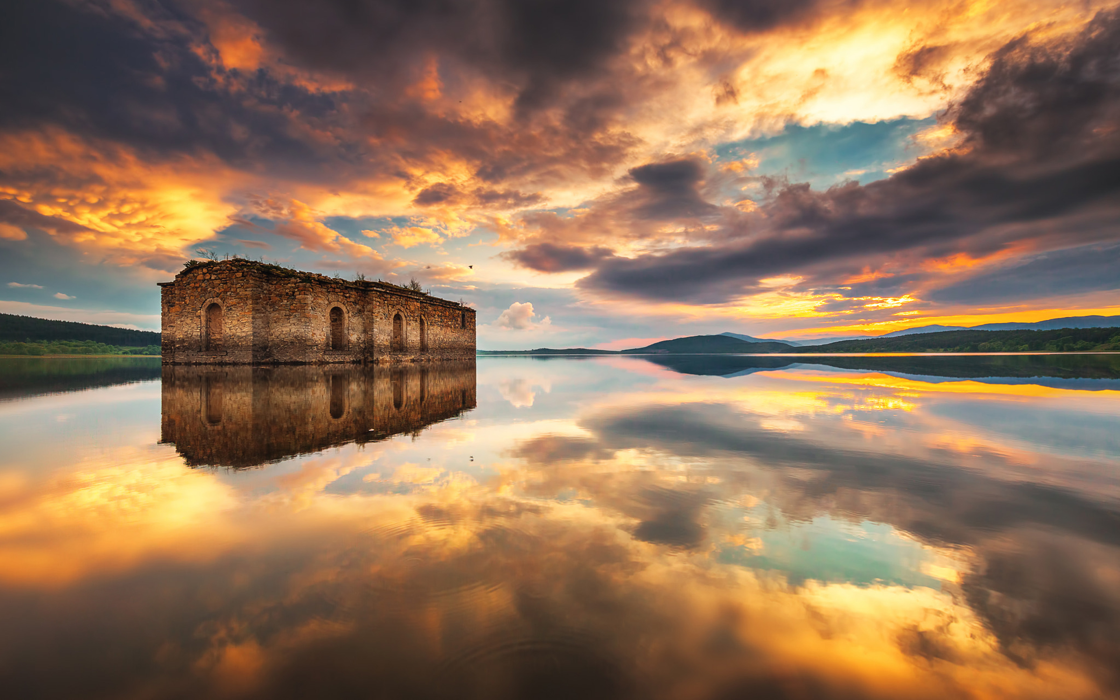 Dam Jebrechevo In Bulgaria Sunset Sky Red Clouds Abandoned