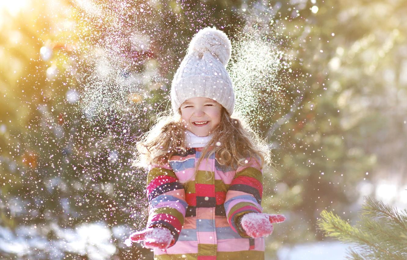 Wallpaper winter, snow, joy, smile, hat, child, hands