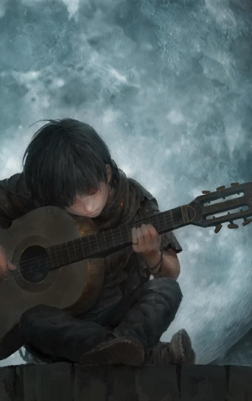 Little Boy On Full Moon Night Playing Guitar Art 840x1336