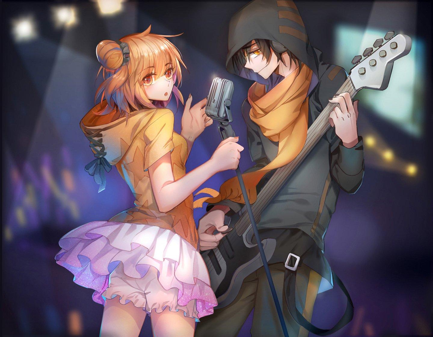 anime, boy, couple, girl, guitar, music, singer