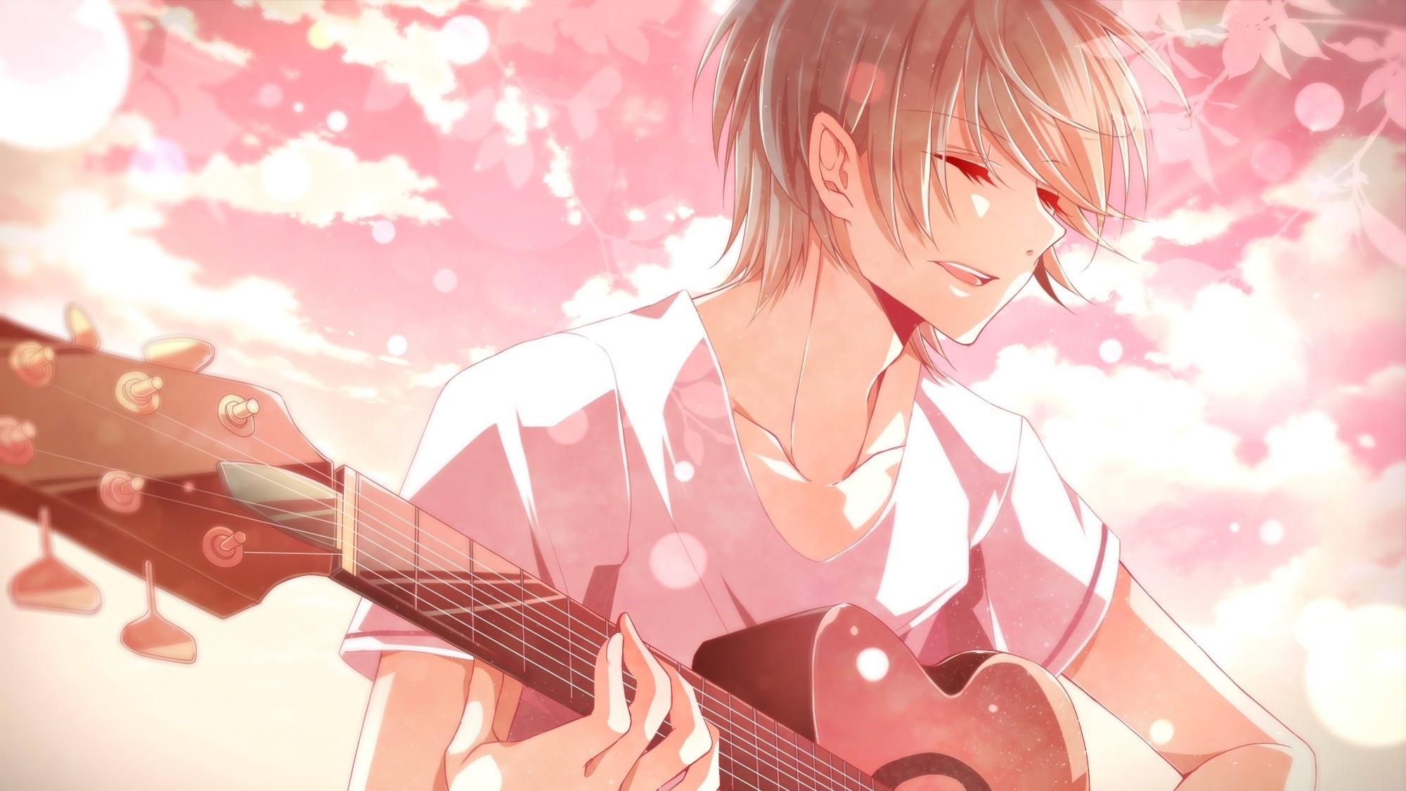 anime boys guitar short hair closed eyes musical instrument