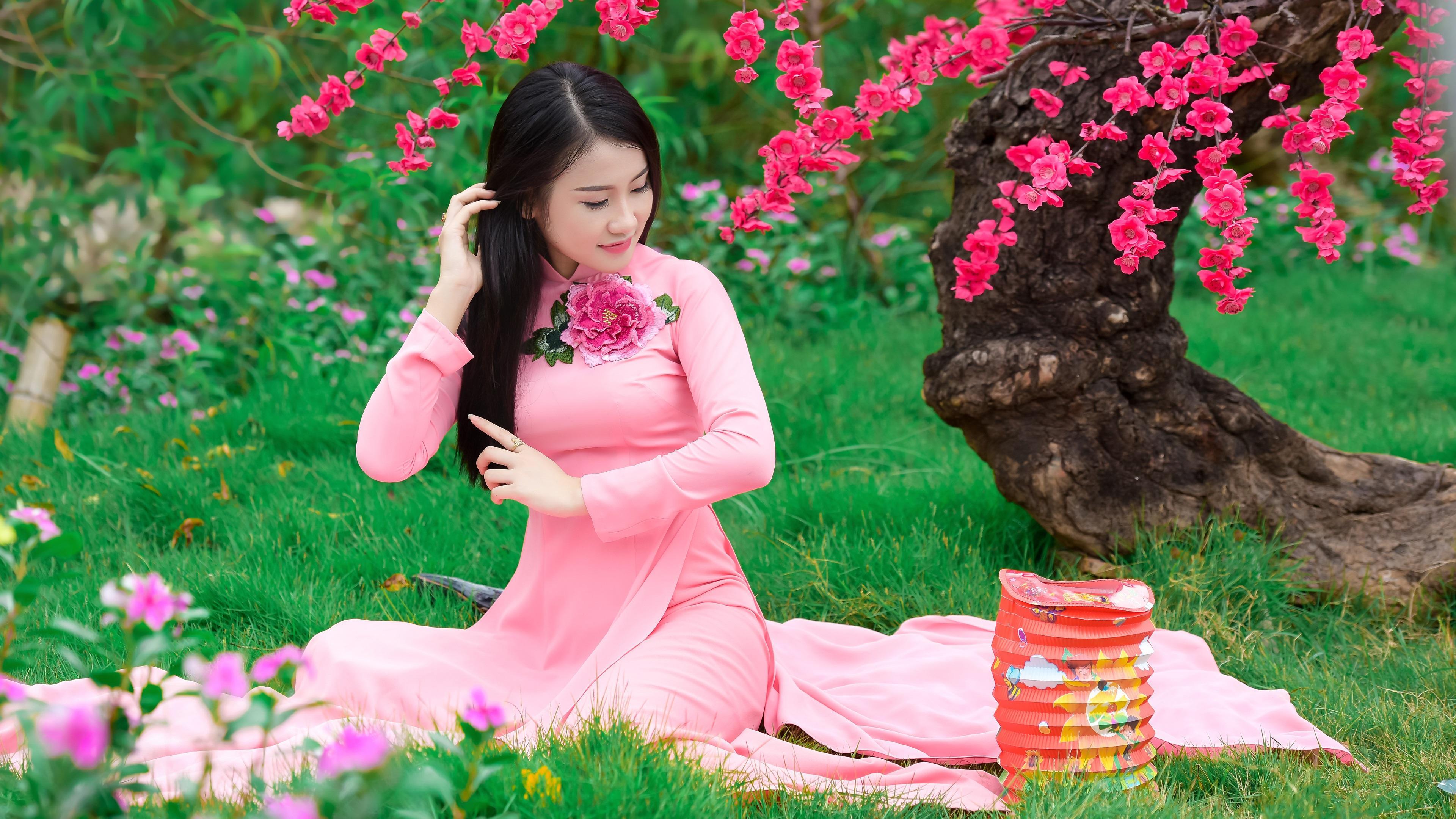 Wallpapers Sakura flowering, beautiful chinese girl, pink dress 3840x2160 U...