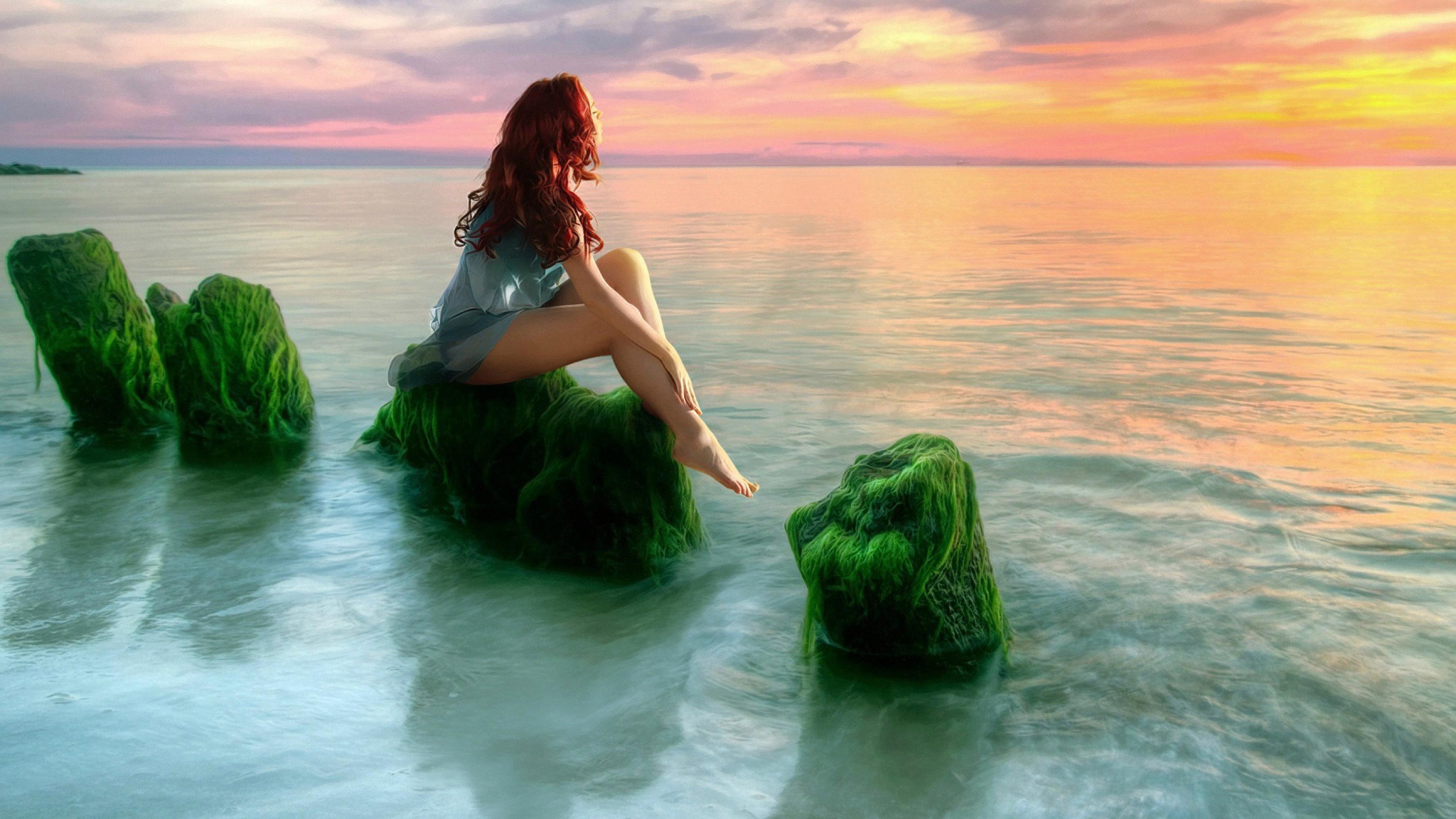 Beauty Girl Sea, Sunset Relax Desktop HD Wallpaper