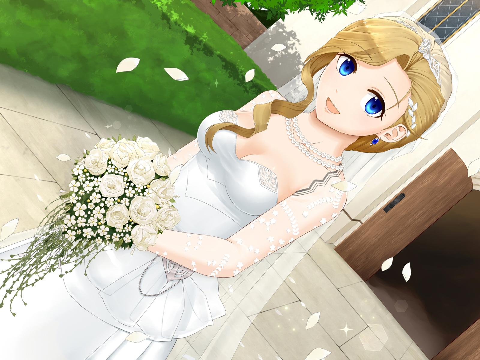 Anime girl in a white wedding dress with a bouquet Desktop