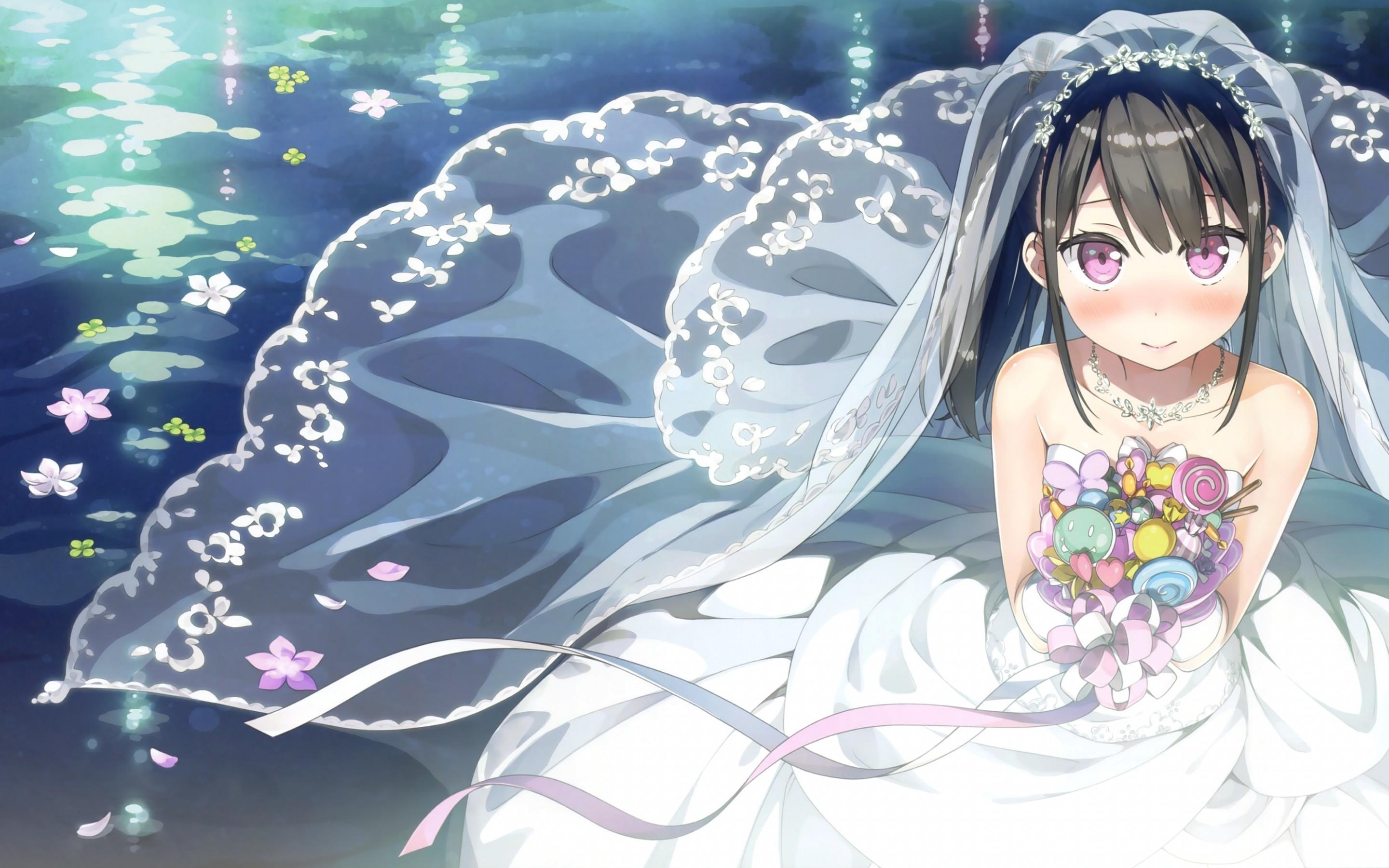 Download 2880x1800 Anime Girl, Bride, Black Hair, Flowers