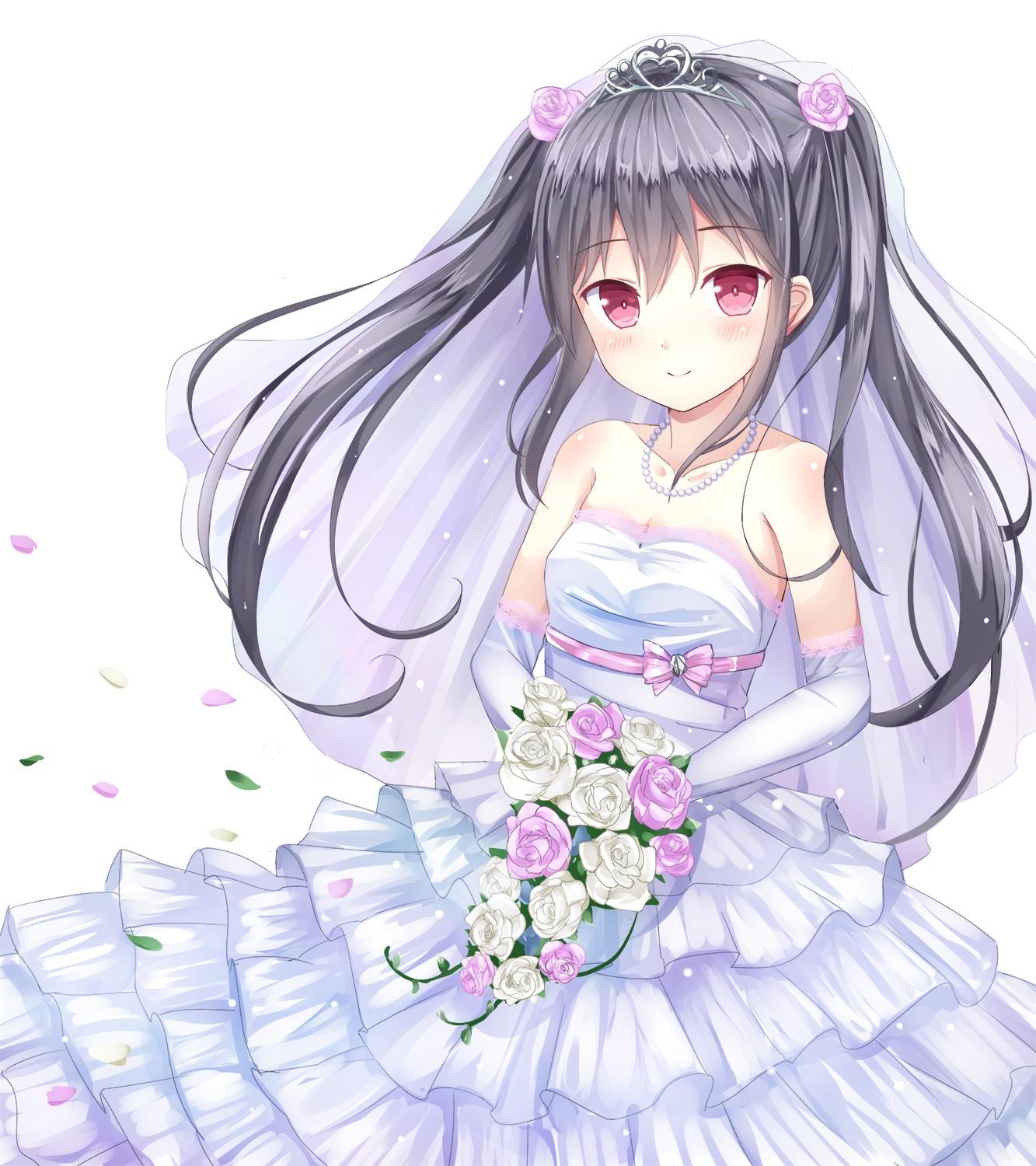 flowers, red eyes, wedding dresses, roses, anime girls