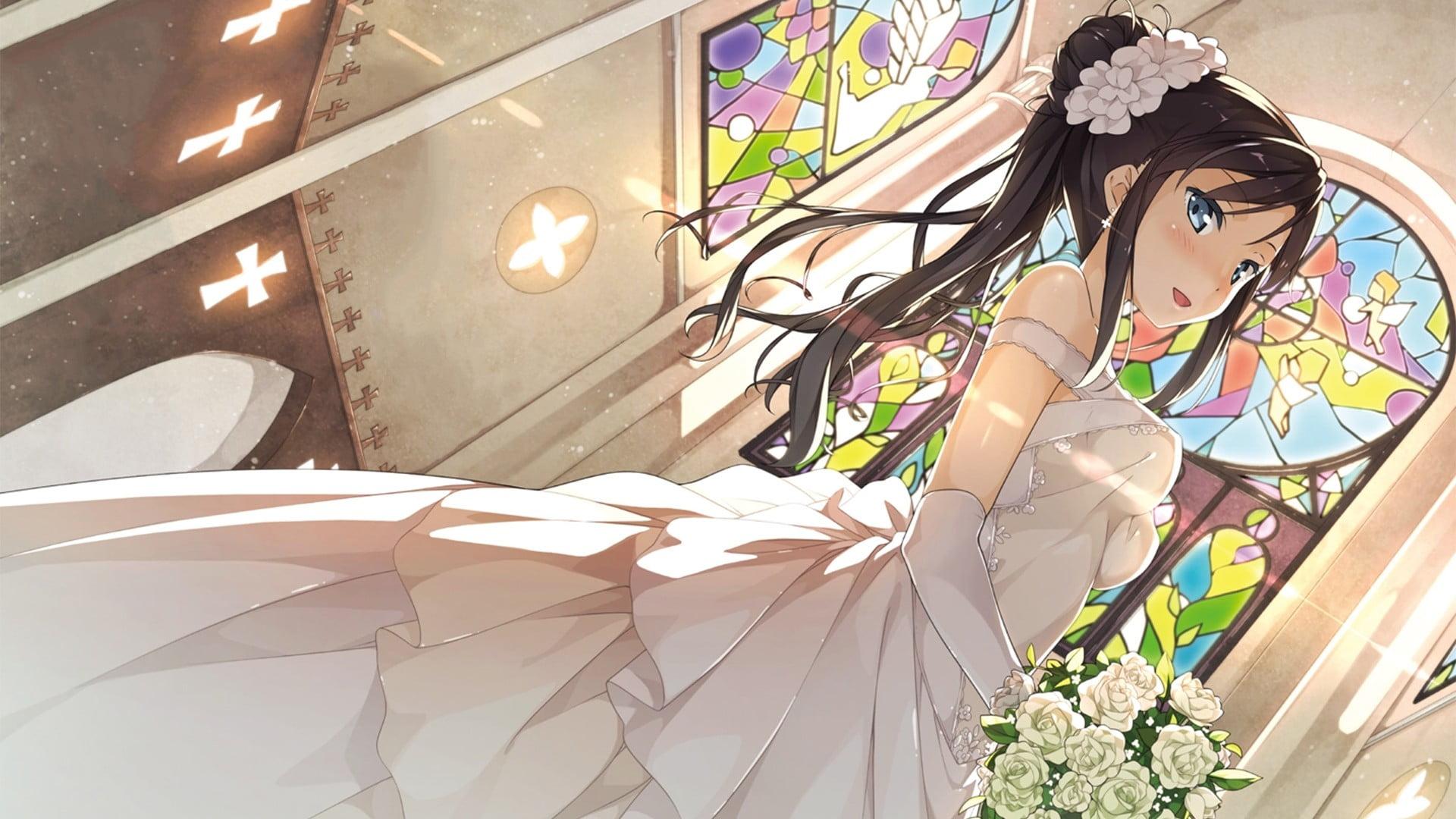 Bride anime character holding flower bouquet HD wallpaper