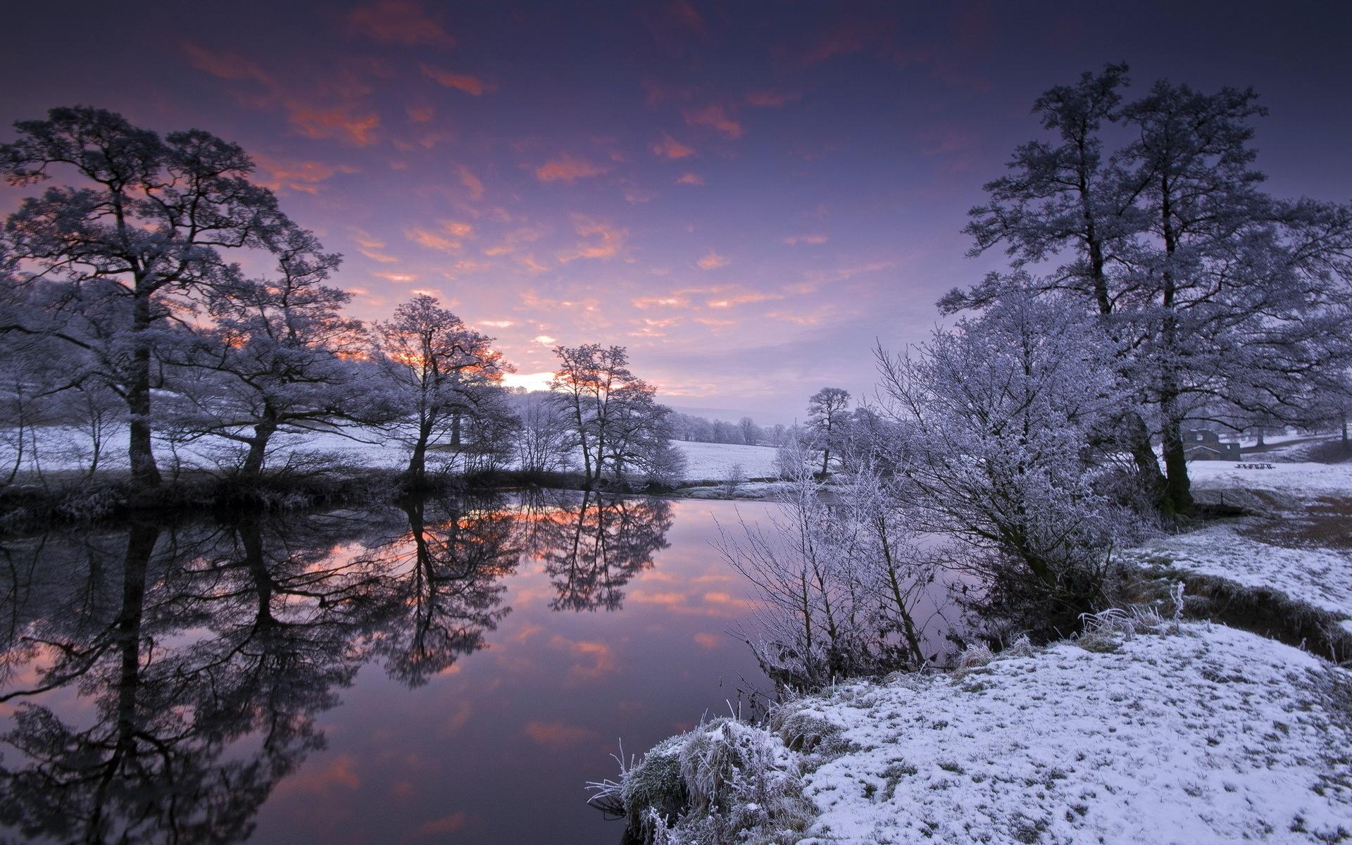 Landscapes winter snow reflection water sky clouds sunset sunrise trees wallpaperx1200