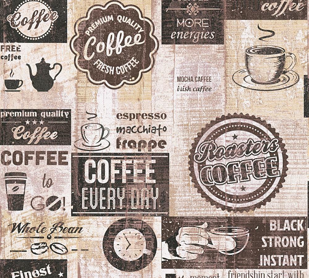 Details about Bistro Coffee Shop Diner Wallpaper Kitchen Vintage Brown Beige Cream Embossed