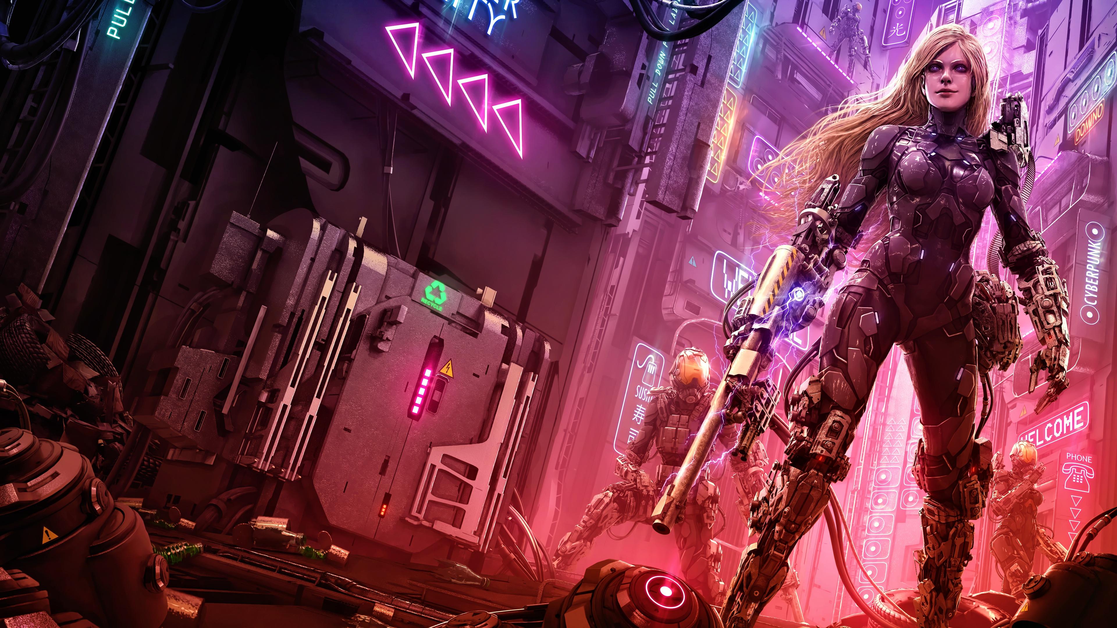 Picture rifle Cyborg Blonde girl Warriors cyberpunk 3840x2160