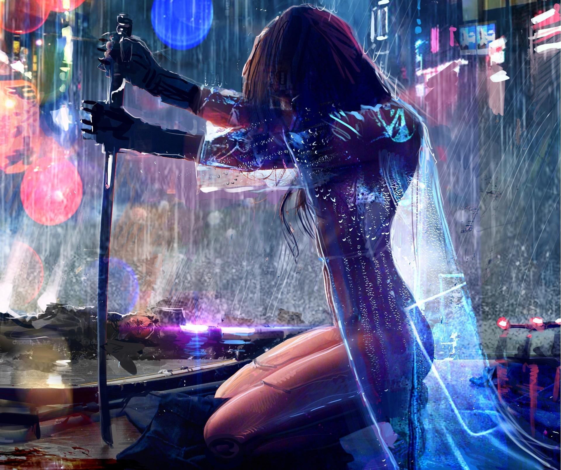 Women Warrior Sword Rain Cyberpunk Wallpaper and Free
