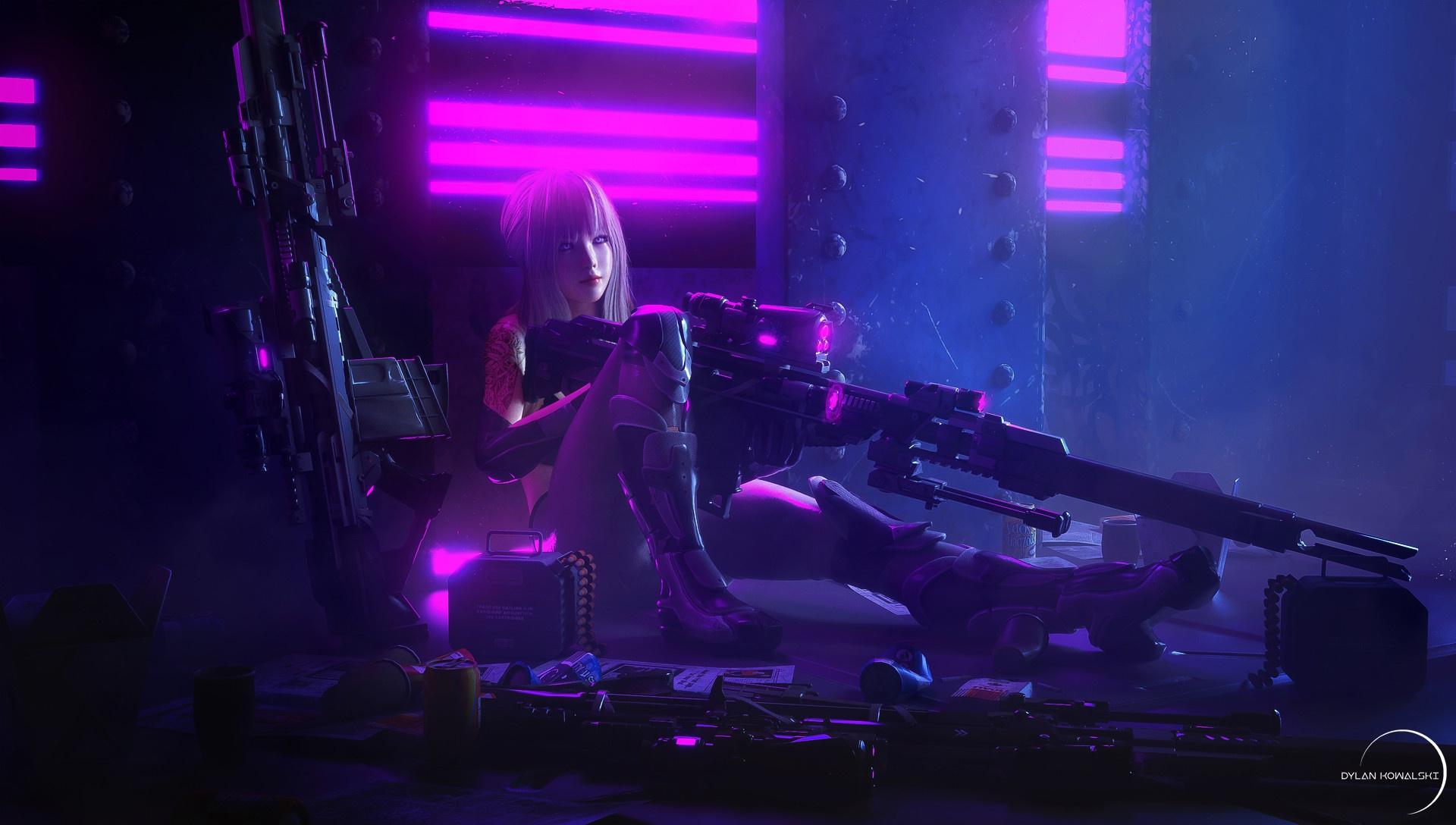 Cyberpunk, Woman Warrior, Tattoo, Purple, Weapon, Girl, Gun